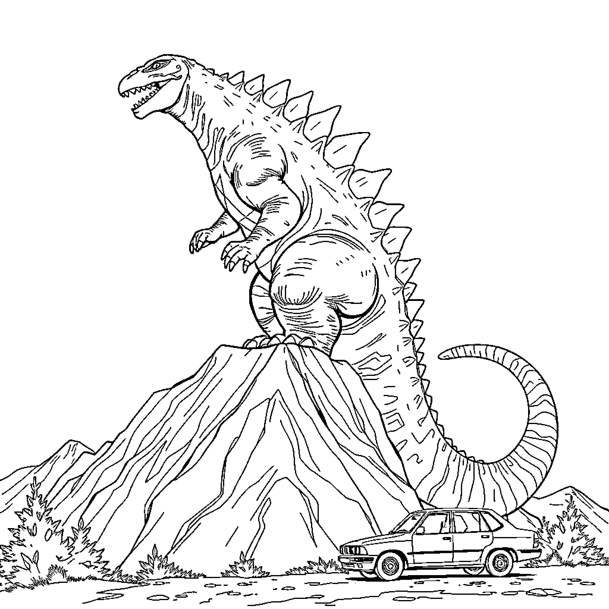 Godzilla rampaging through a mountainous landscape Coloring Page (free black-and-white line drawing printable PDF for all, from beginners to advanced learners, including children, teens, adults, and seniors)