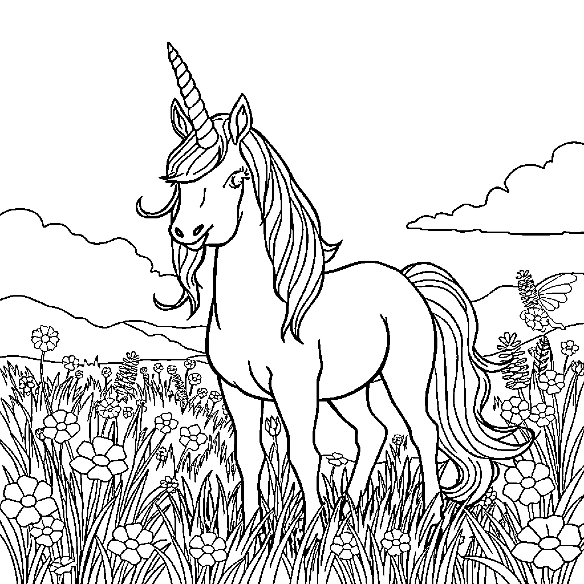 Unicorn standing in a field of flowers Coloring Page (free black-and-white line drawing printable PDF for all, from beginners to advanced learners, including children, teens, adults, and seniors)