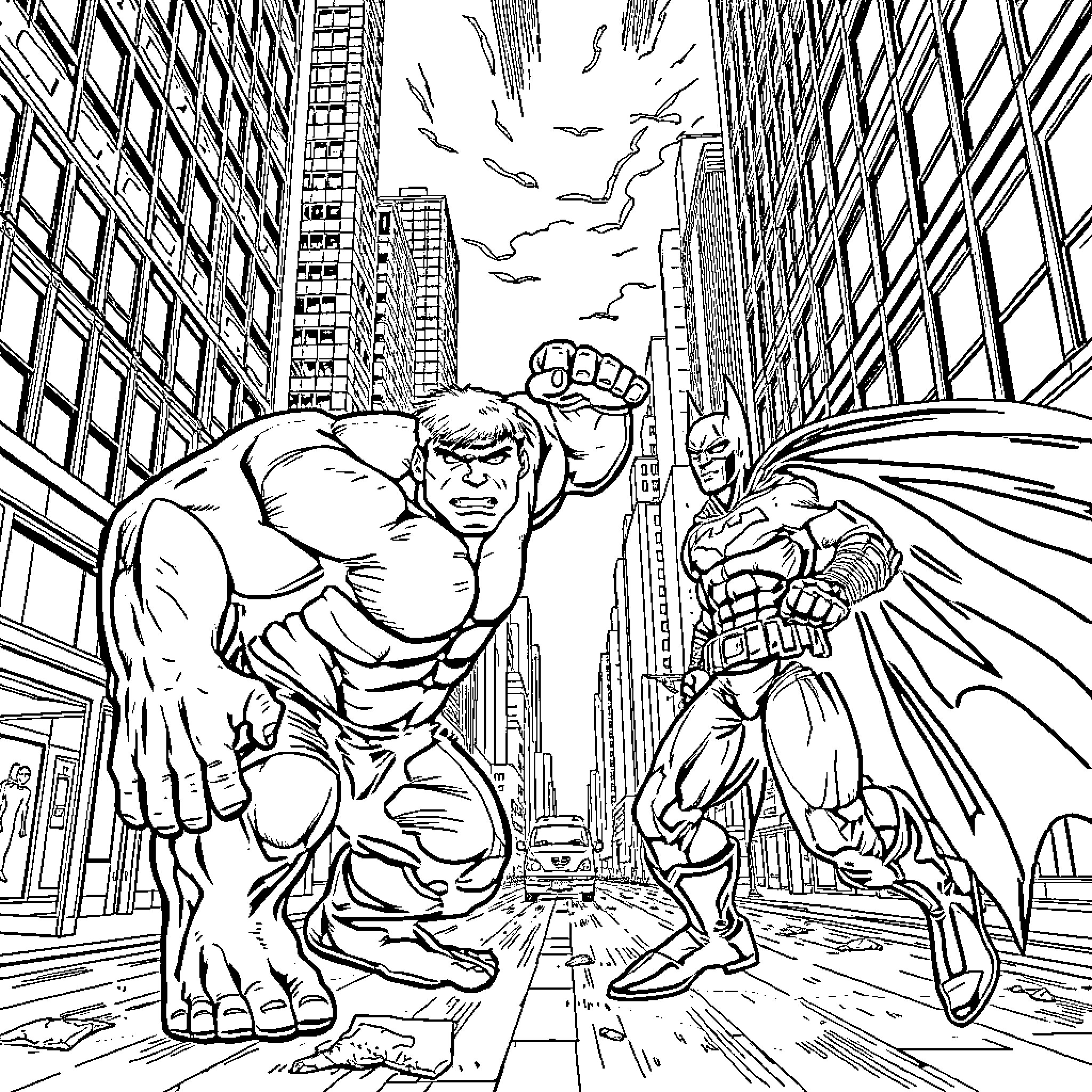 Hulk and Batman battle in the city Coloring Page (free black-and-white line drawing printable PDF for all, from beginners to advanced learners, including children, teens, adults, and seniors)
