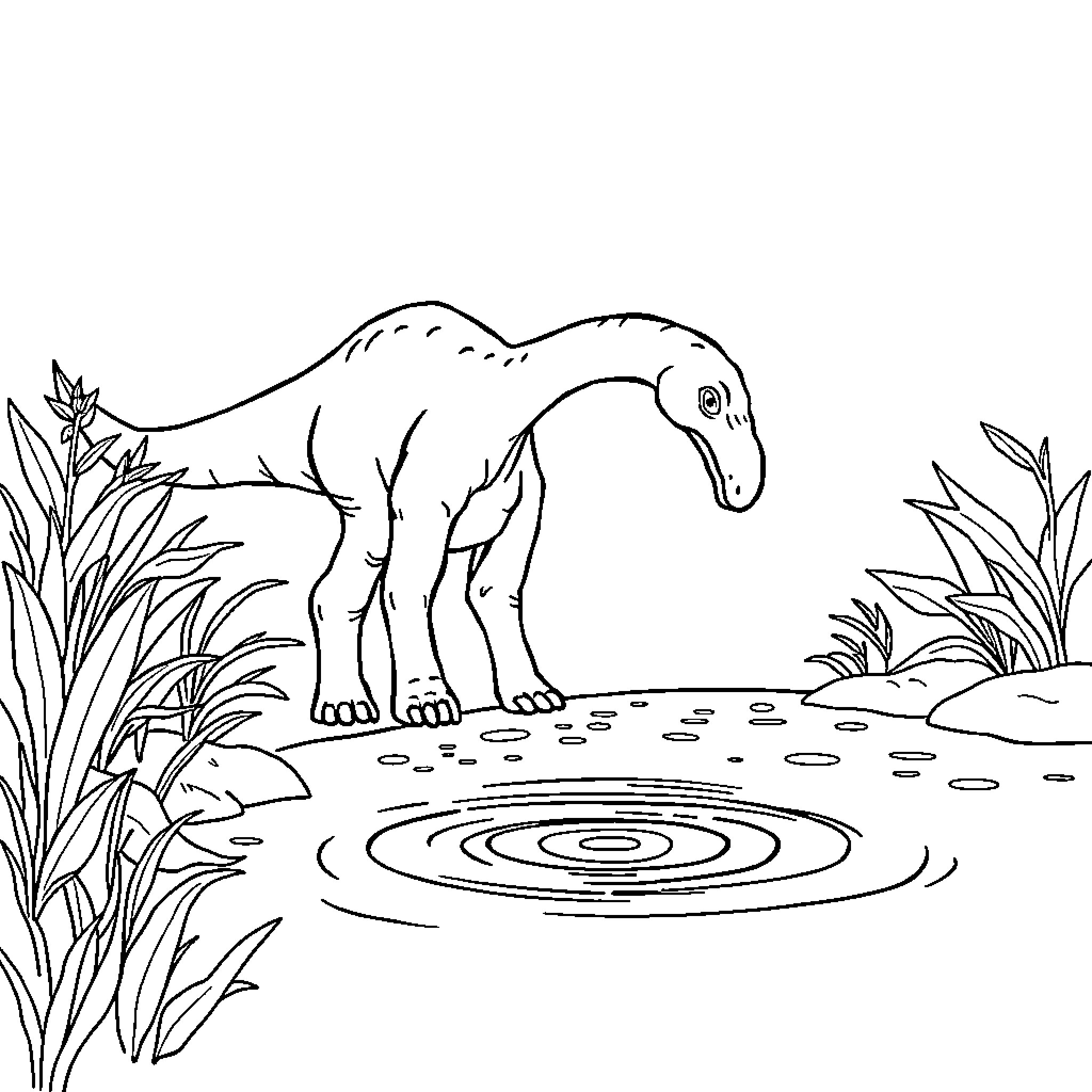 Diplodocus drinking from a pond Coloring Page (free black-and-white line drawing printable PDF for all, from beginners to advanced learners, including children, teens, adults, and seniors)