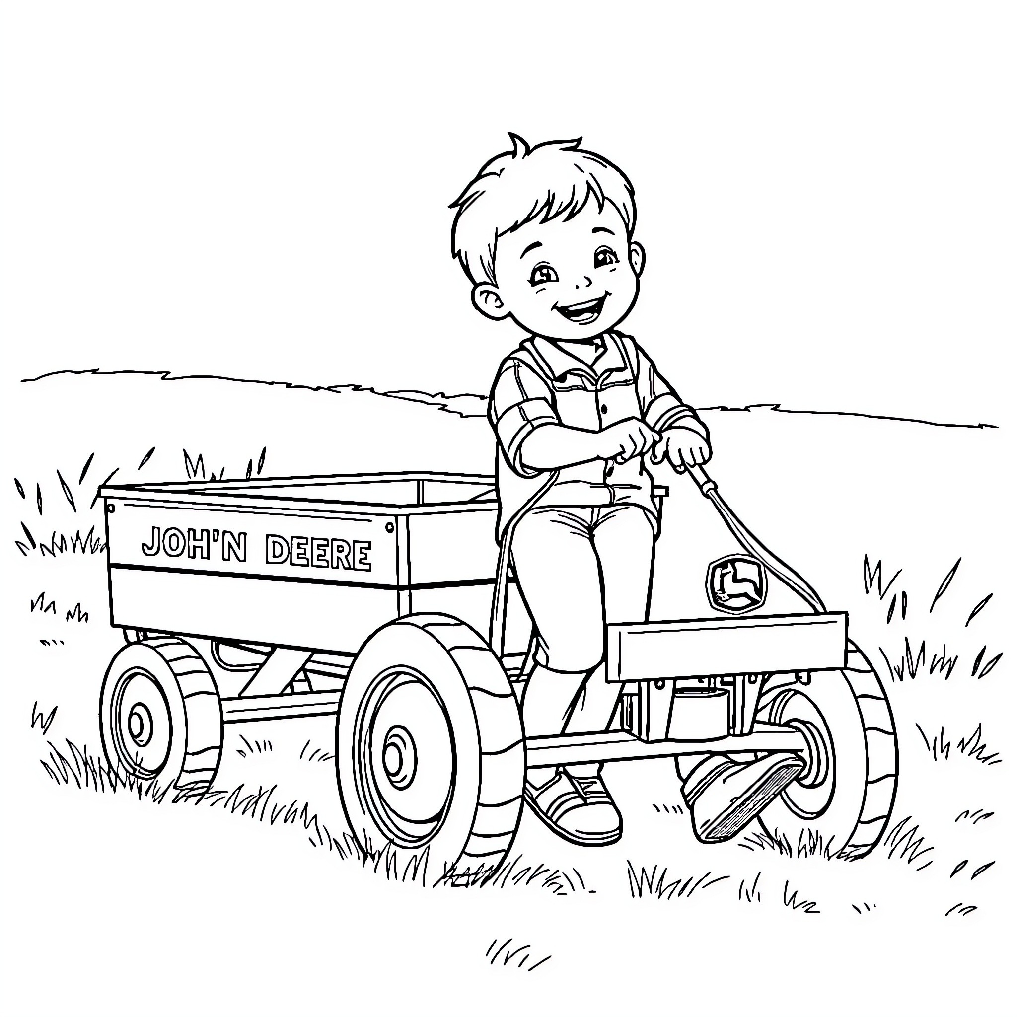 Boy riding a toy John Deere tractor in the field Coloring Page (free black-and-white line drawing printable PDF for all, from beginners to advanced learners, including children, teens, adults, and seniors)