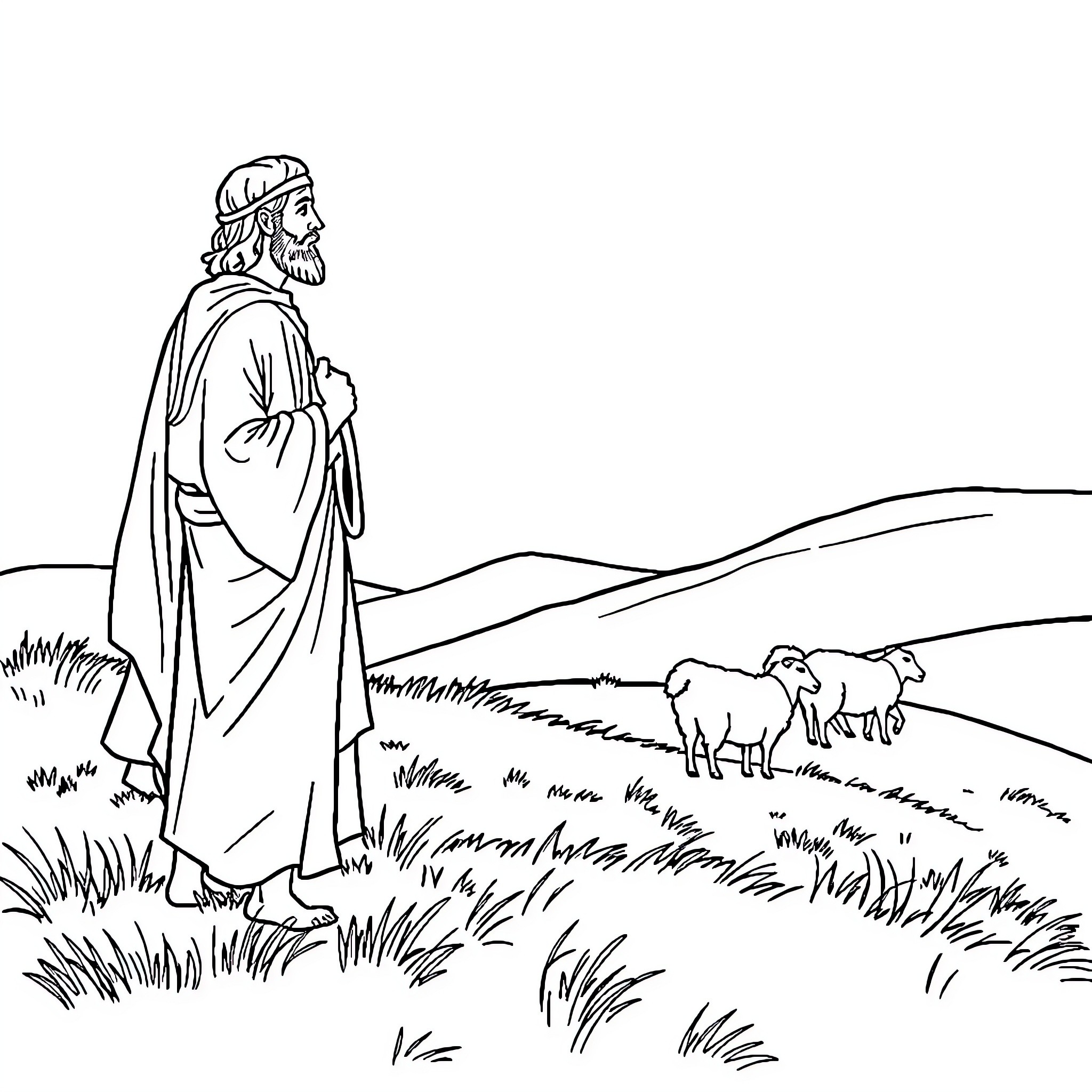 Joseph tending to his flock in the countryside Coloring Page (free black-and-white line drawing printable PDF for all, from beginners to advanced learners, including children, teens, adults, and seniors)
