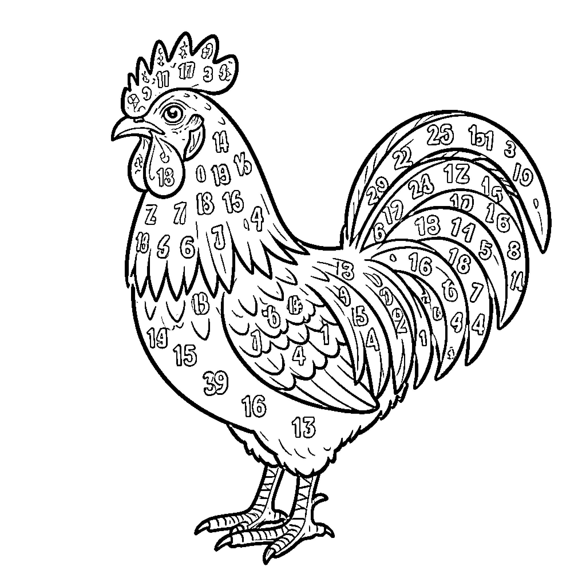 Rooster with Intricate Pattern Design Coloring Page (free black-and-white line drawing printable PDF for all, from beginners to advanced learners, including children, teens, adults, and seniors)