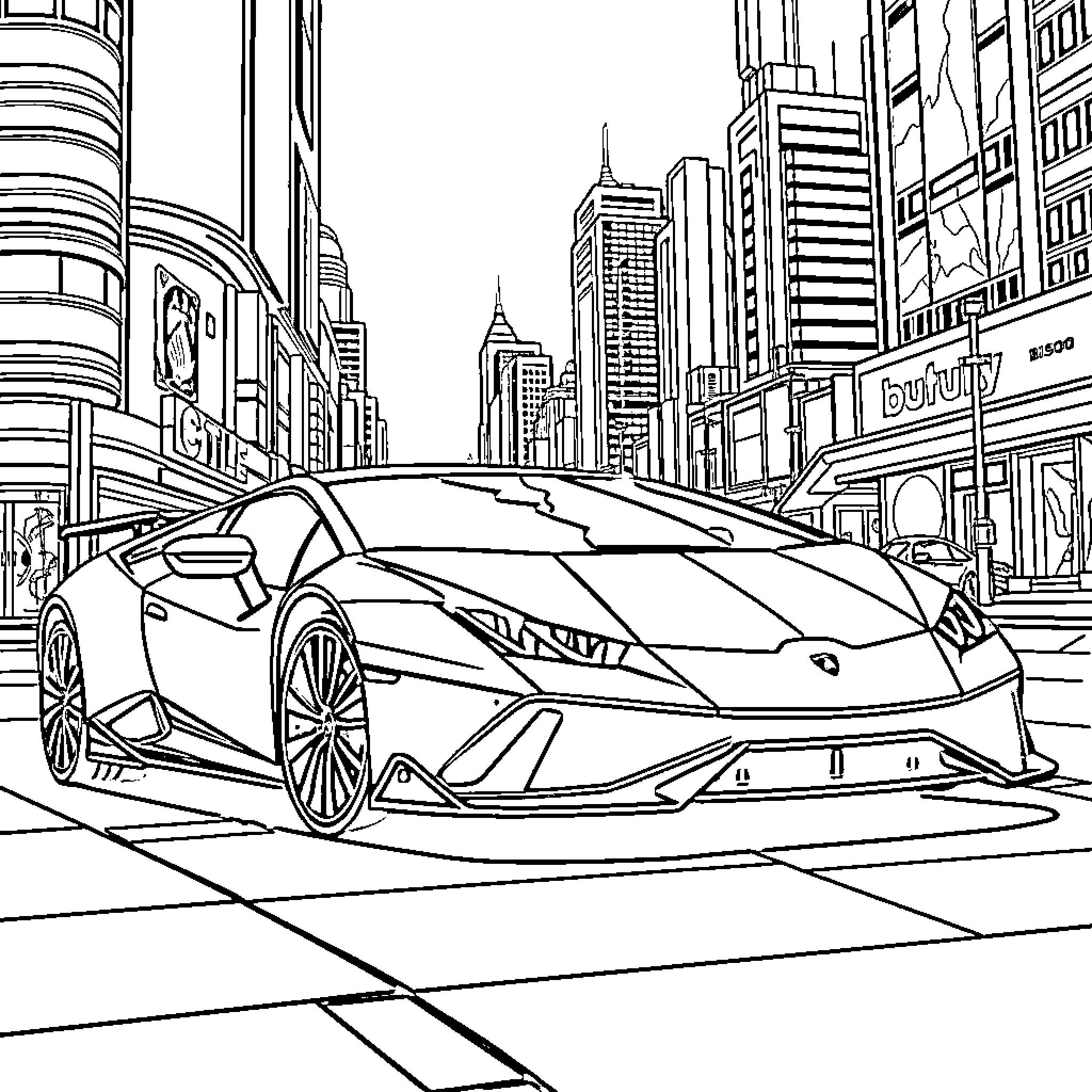 Lamborghini speeding through the city streets Coloring Page (free black-and-white line drawing printable PDF for all, from beginners to advanced learners, including children, teens, adults, and seniors)