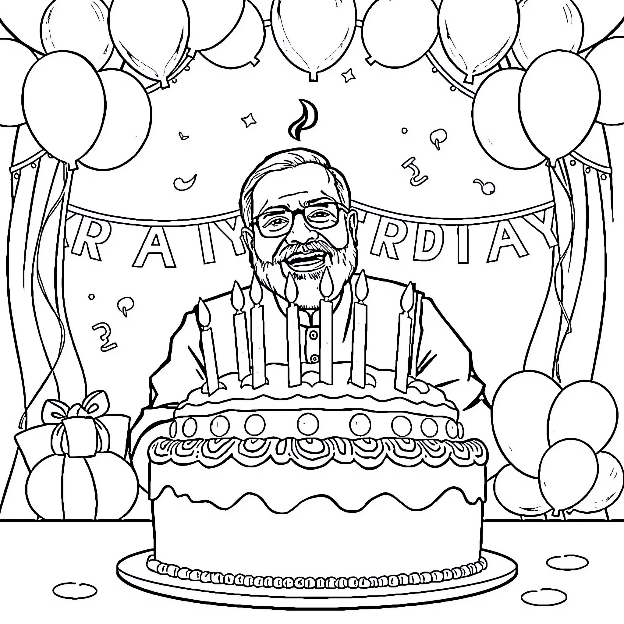 Modi's Birthday Celebration with Cake and Balloons Coloring Page (free black-and-white line drawing printable PDF for all, from beginners to advanced learners, including children, teens, adults, and seniors)