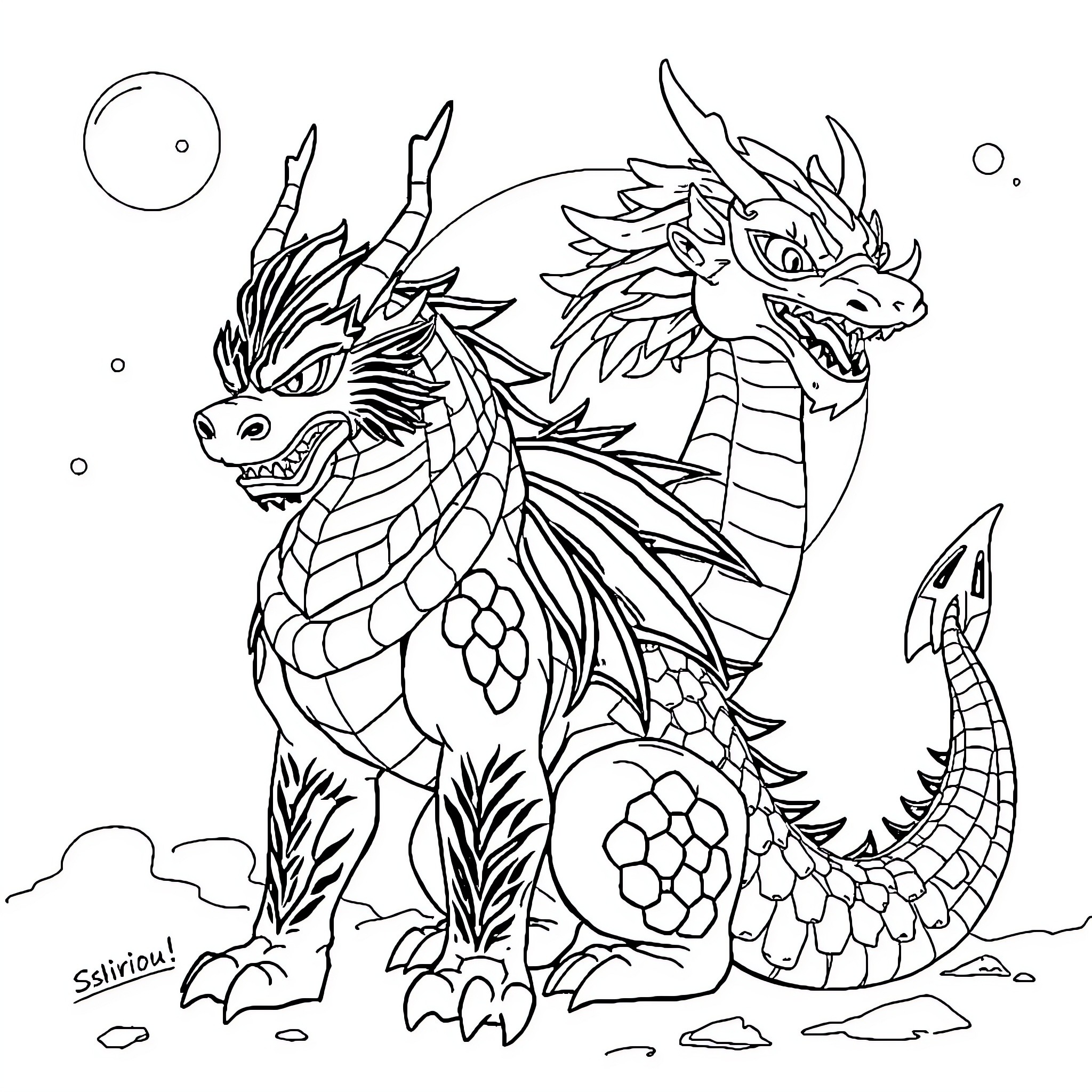 Caballero Dragons in Mystical Landscape Coloring Page (free black-and-white line drawing printable PDF for all, from beginners to advanced learners, including children, teens, adults, and seniors)