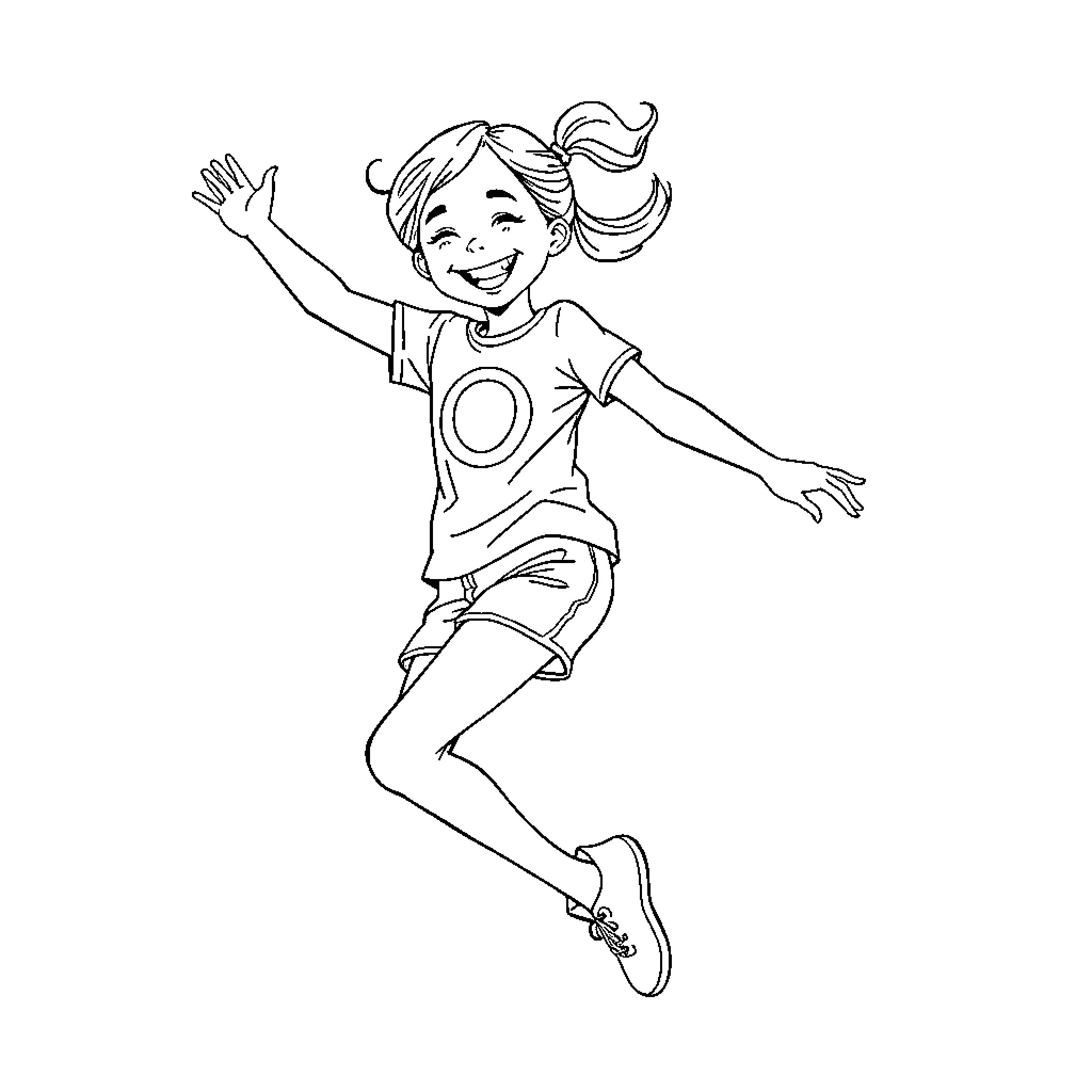 Girl jumping with joy and excitement Coloring Page (free black-and-white line drawing printable PDF for all, from beginners to advanced learners, including children, teens, adults, and seniors)