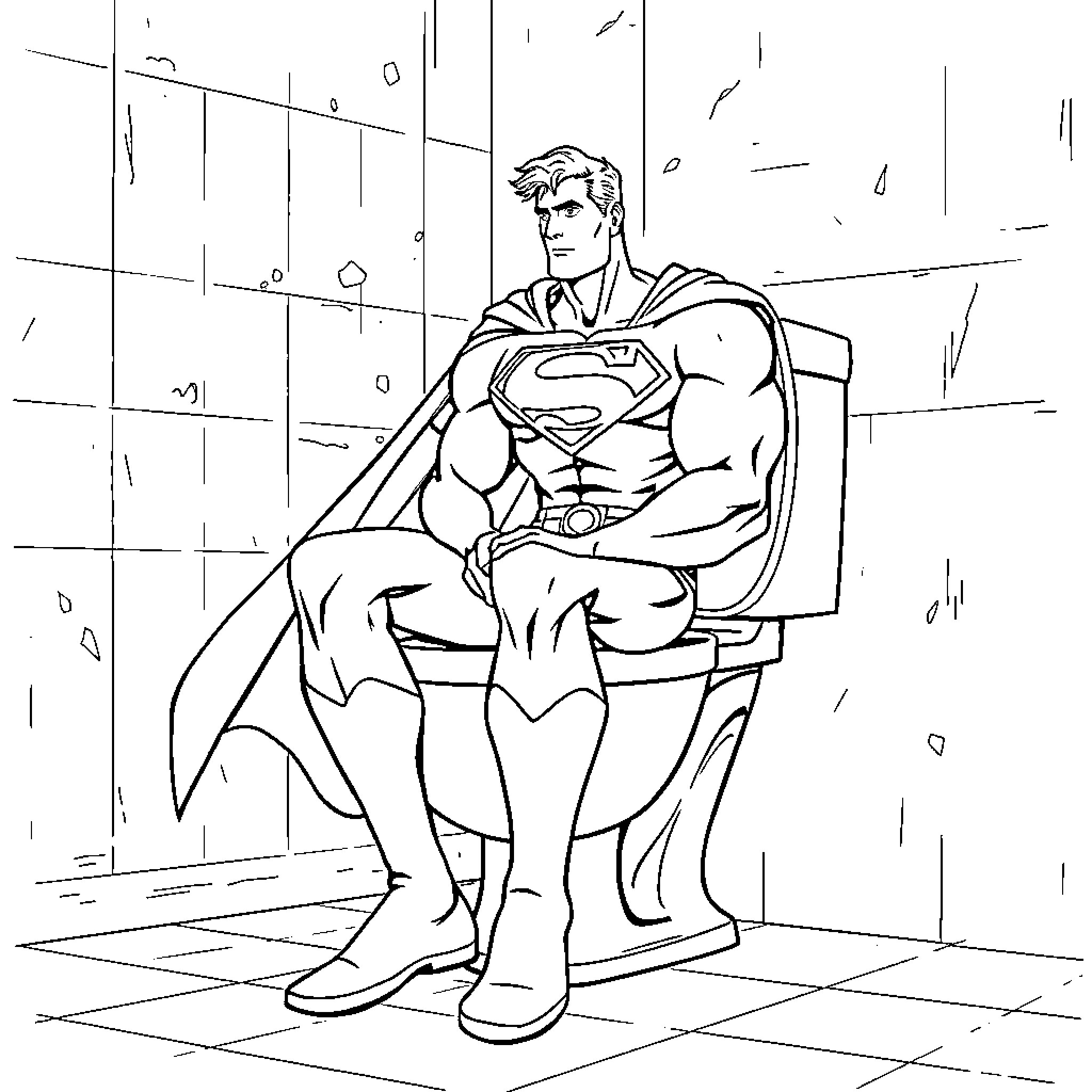 Superman sitting in heroic pose Coloring Page (free black-and-white line drawing printable PDF for all, from beginners to advanced learners, including children, teens, adults, and seniors)