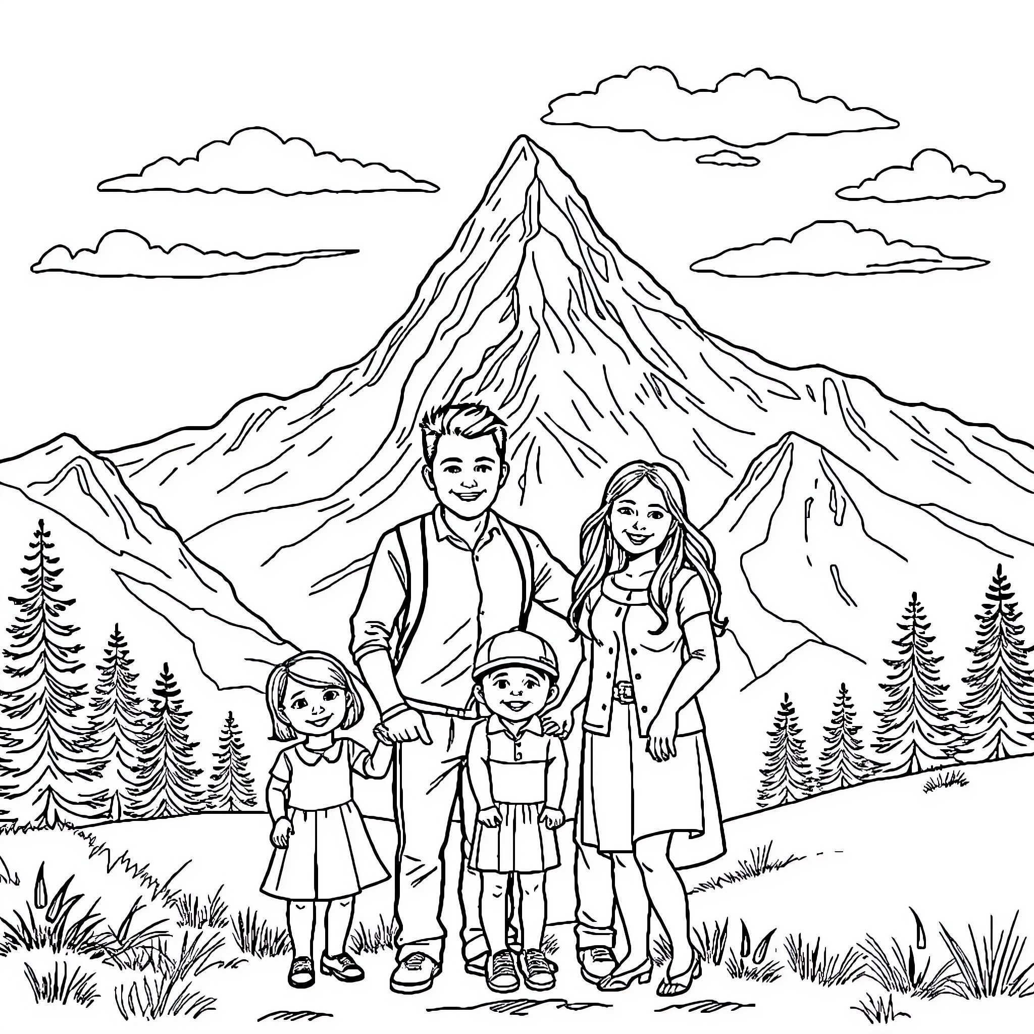 Family Enjoying Scenic Mountain Landscape Coloring Page (free black-and-white line drawing printable PDF for all, from beginners to advanced learners, including children, teens, adults, and seniors)