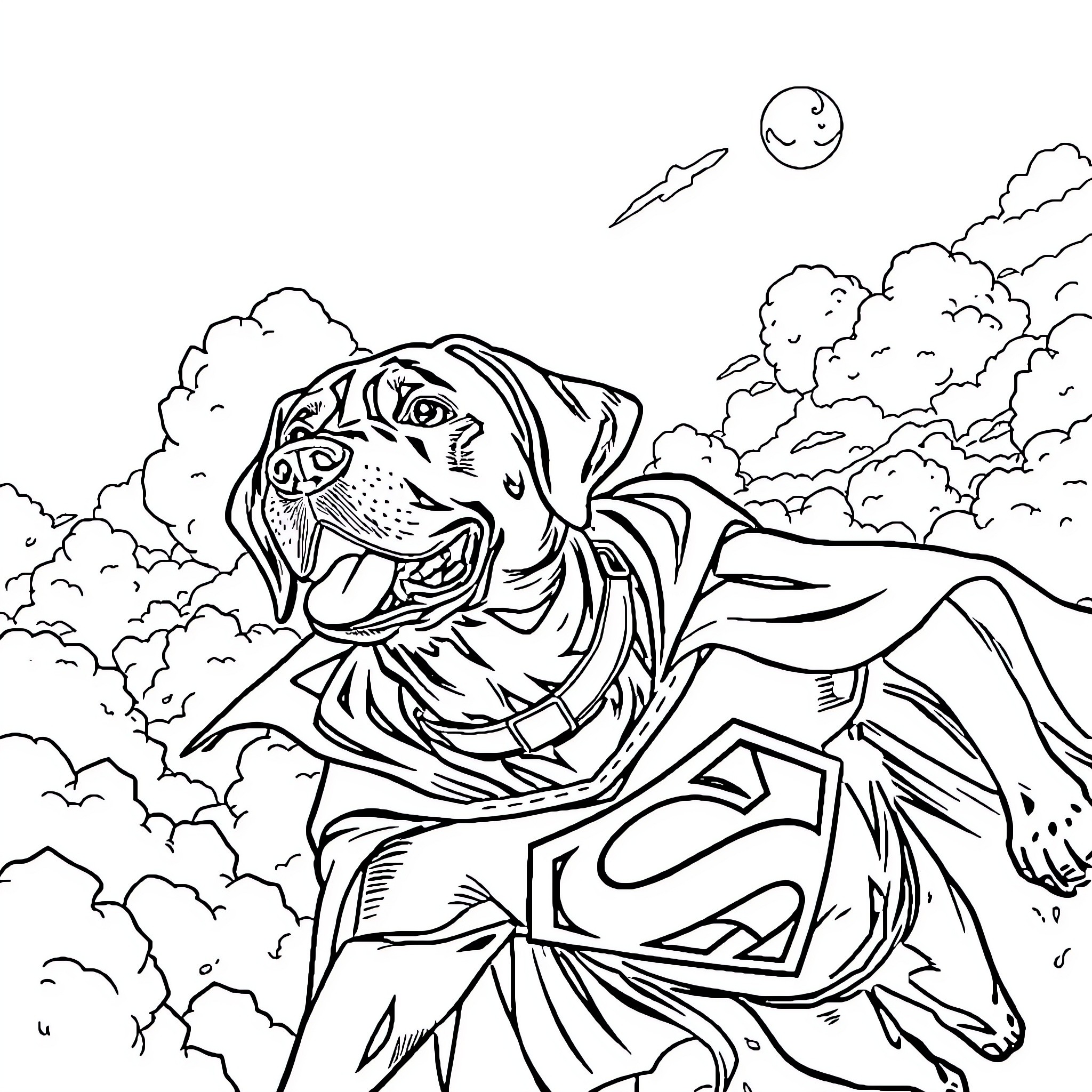 Chocolate Lab Leaping Through the Clouds Coloring Page (free black-and-white line drawing printable PDF for all, from beginners to advanced learners, including children, teens, adults, and seniors)