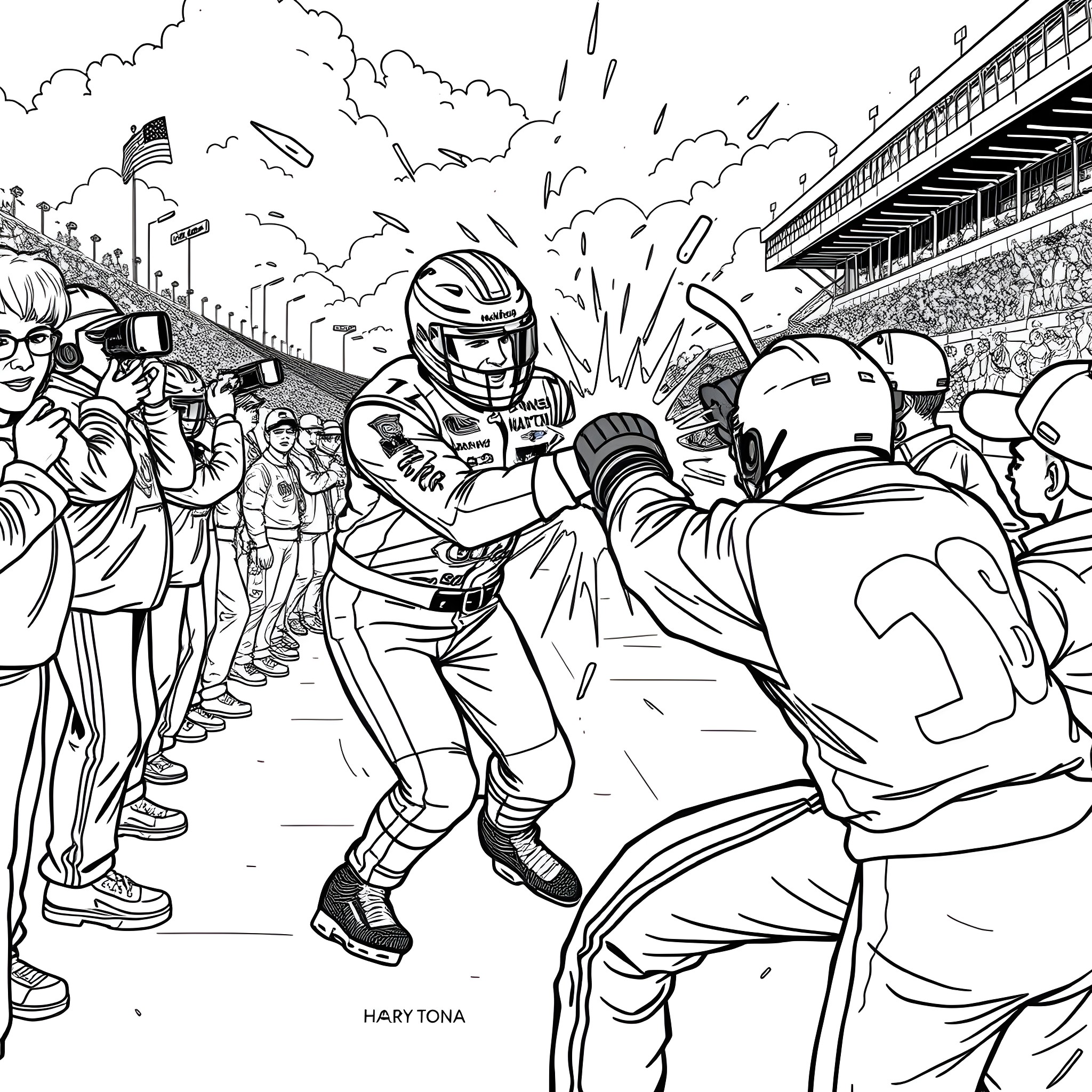 Nascar Driver Celebrates Victory with Fans in Stands Coloring Page (free black-and-white line drawing printable PDF for all, from beginners to advanced learners, including children, teens, adults, and seniors)