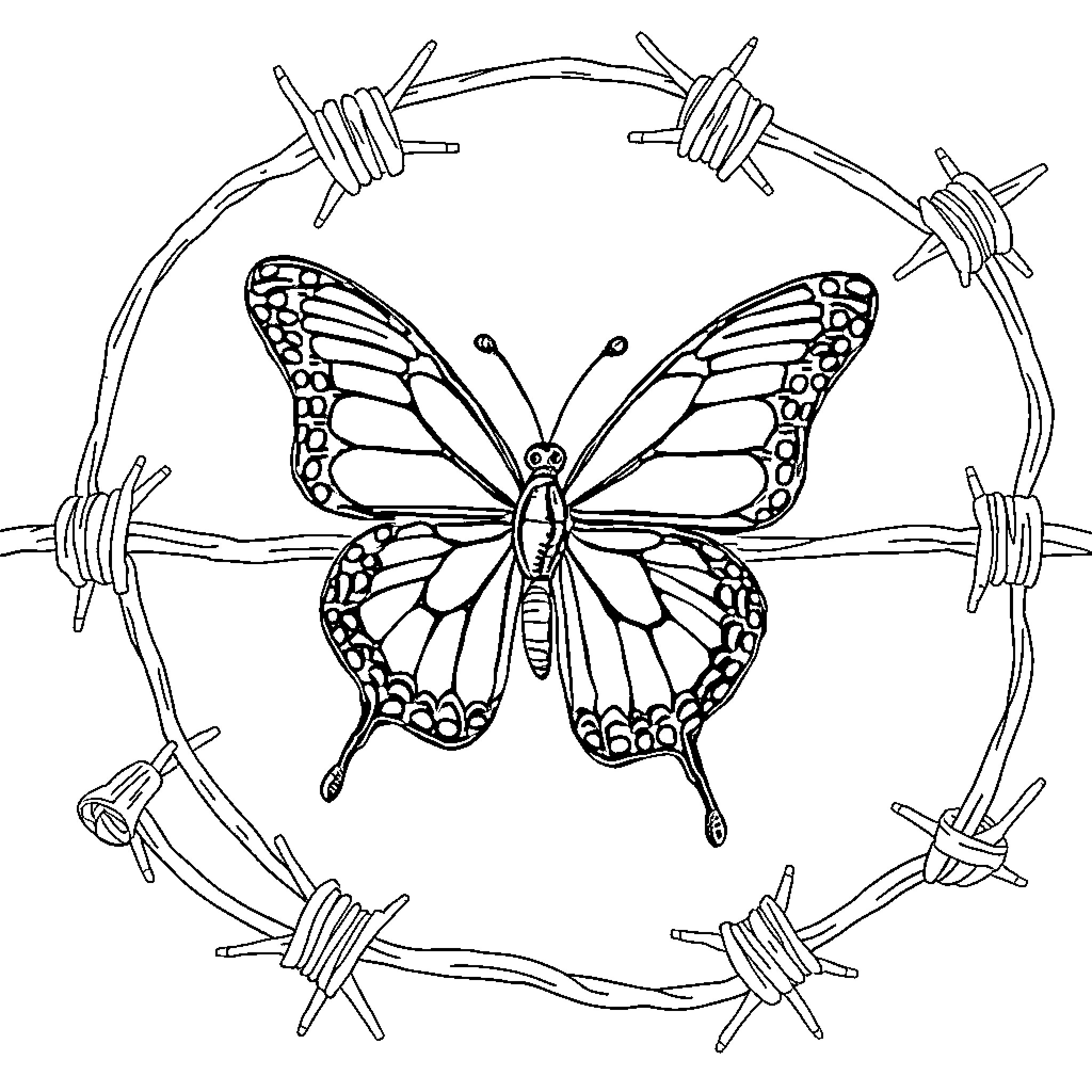 Butterfly surrounded by barbed wire Coloring Page (free black-and-white line drawing printable PDF for all, from beginners to advanced learners, including children, teens, adults, and seniors)