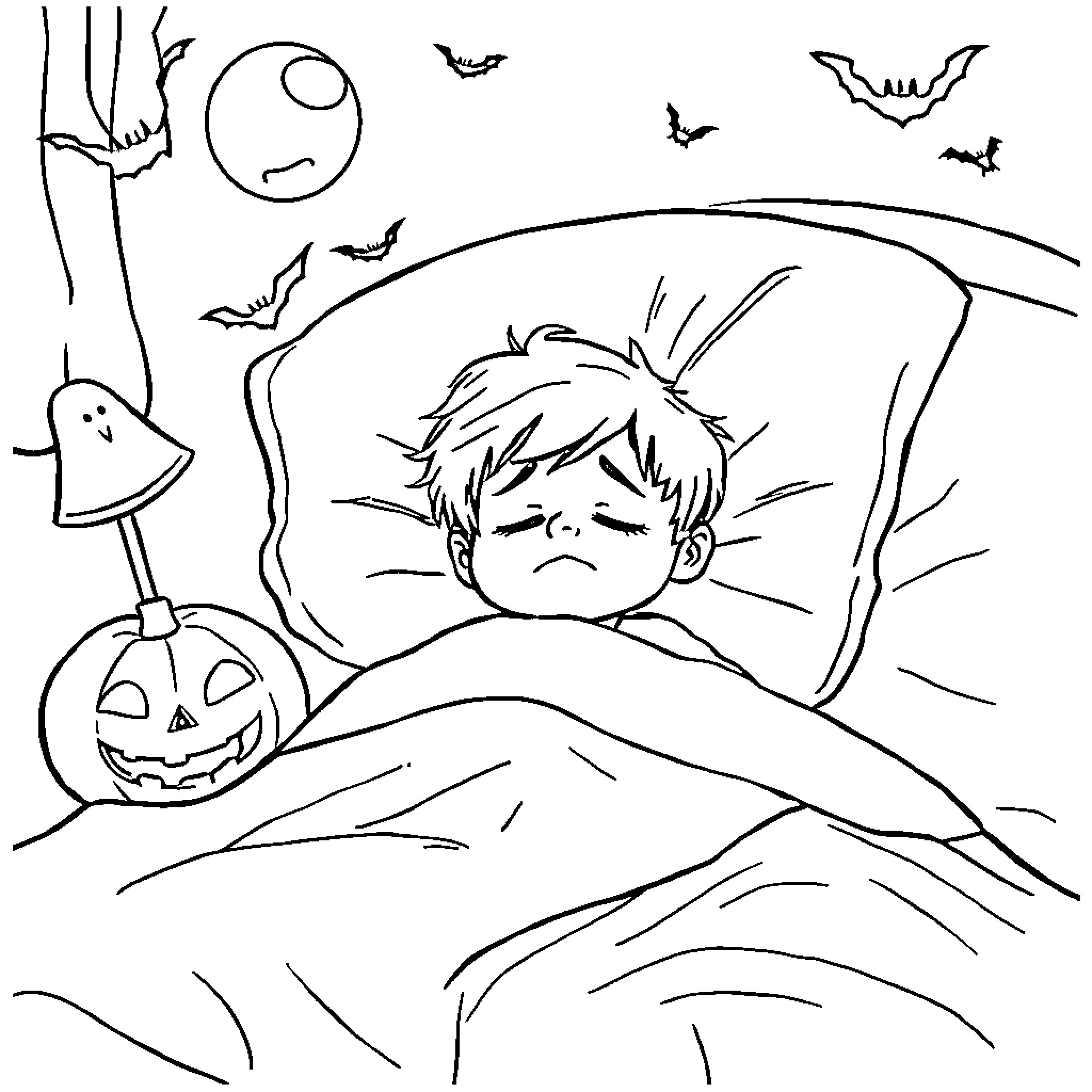 Kid having a frightening nightmare on Halloween night Coloring Page (free black-and-white line drawing printable PDF for all, from beginners to advanced learners, including children, teens, adults, and seniors)