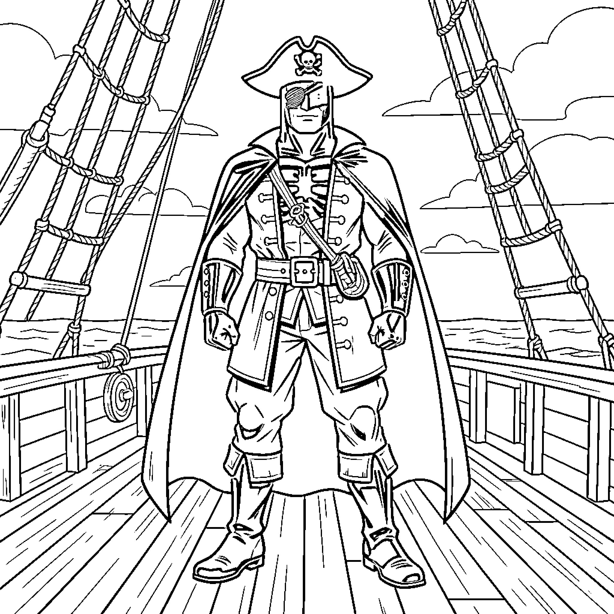 Pirate Batman standing heroically on a wooden ship deck Coloring Page (free black-and-white line drawing printable PDF for all, from beginners to advanced learners, including children, teens, adults, and seniors)