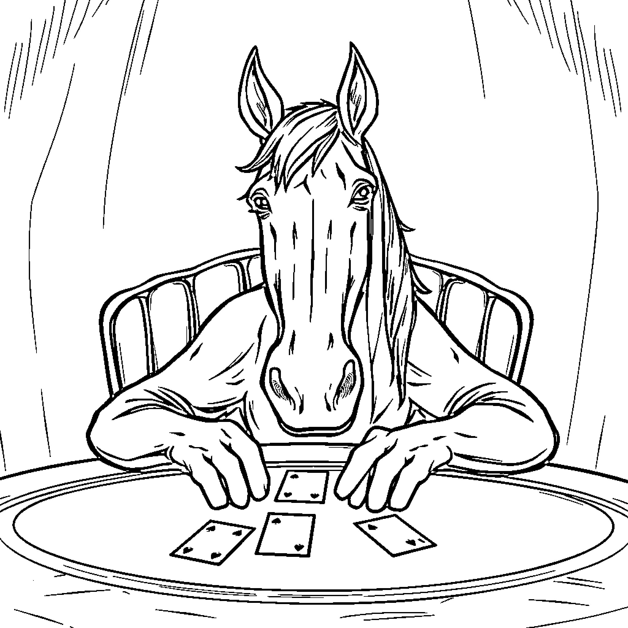 Horse Playing Cards Intently at Table Coloring Page (free black-and-white line drawing printable PDF for all, from beginners to advanced learners, including children, teens, adults, and seniors)