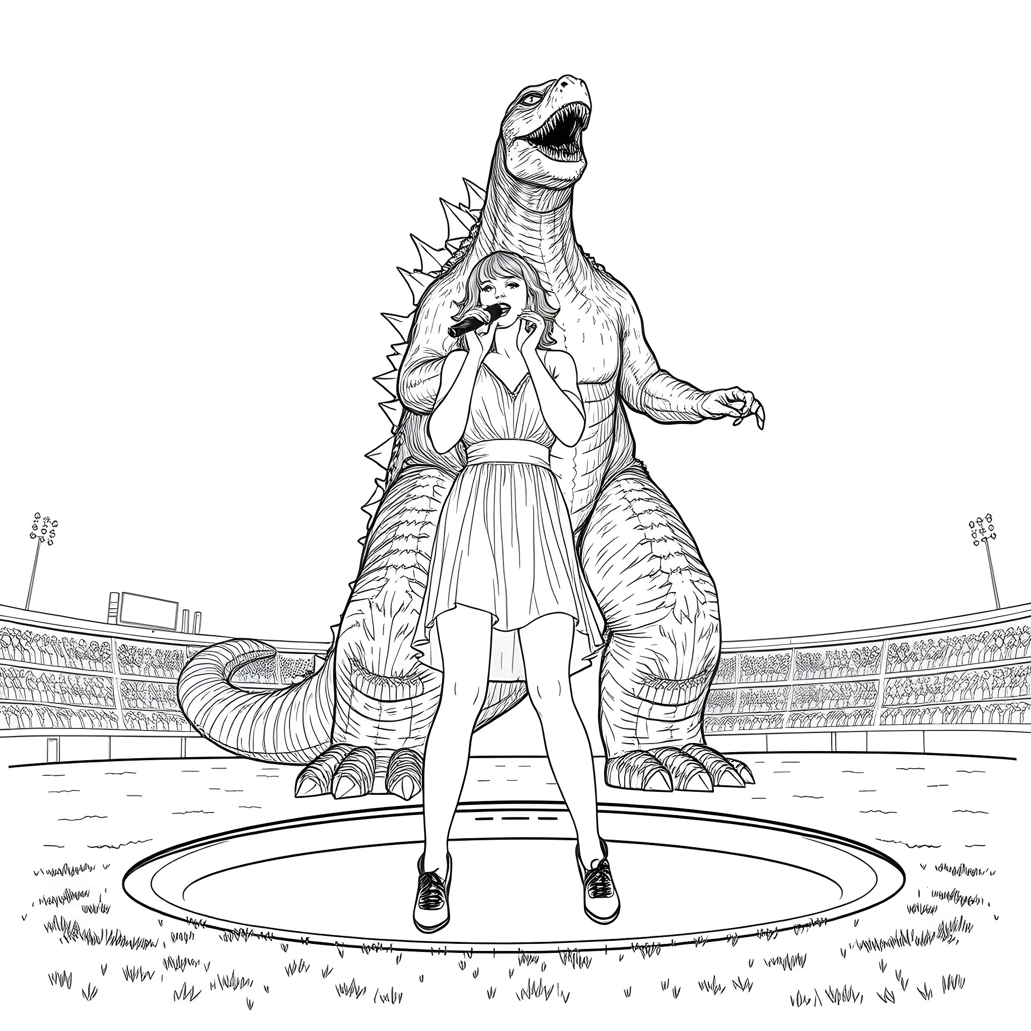 Taylor Swift triumphantly performs with a giant dinosaur Coloring Page (free black-and-white line drawing printable PDF for all, from beginners to advanced learners, including children, teens, adults, and seniors)