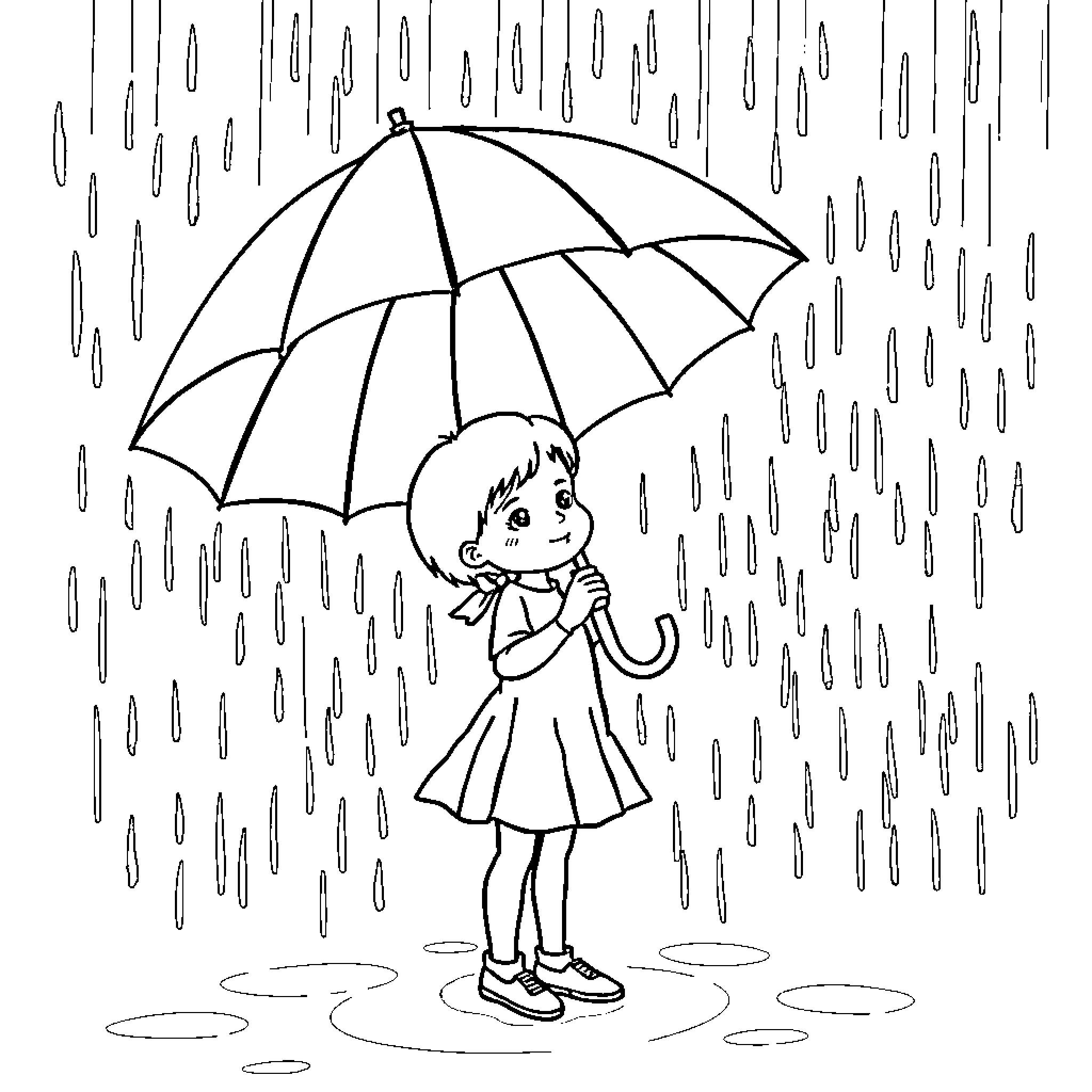 Girl walking in the rain with umbrella Coloring Page (free black-and-white line drawing printable PDF for all, from beginners to advanced learners, including children, teens, adults, and seniors)