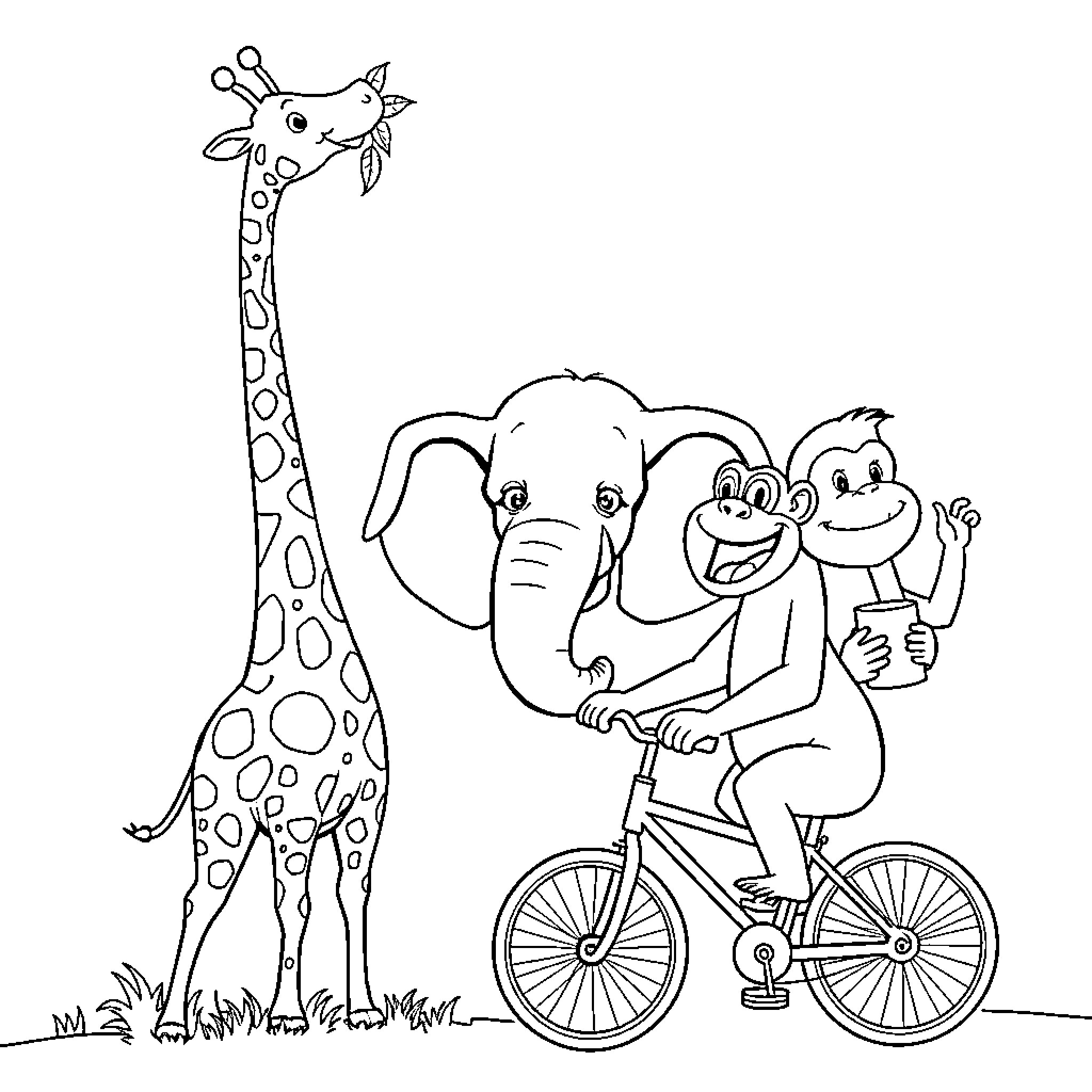 Giraffe and elephants riding bicycles together Coloring Page (free black-and-white line drawing printable PDF for all, from beginners to advanced learners, including children, teens, adults, and seniors)