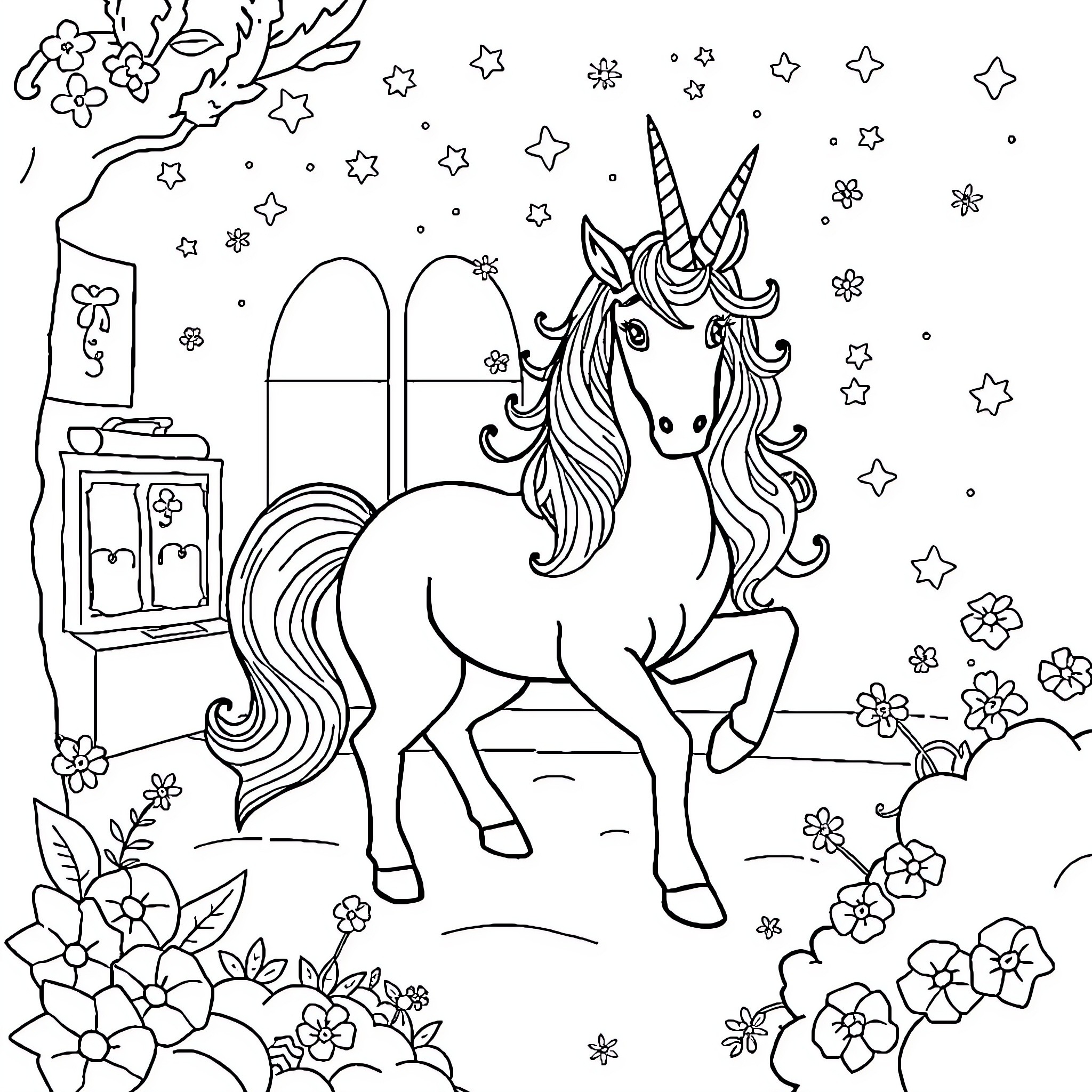 Unicorn standing amidst starry night and floral landscape Coloring Page (free black-and-white line drawing printable PDF for all, from beginners to advanced learners, including children, teens, adults, and seniors)