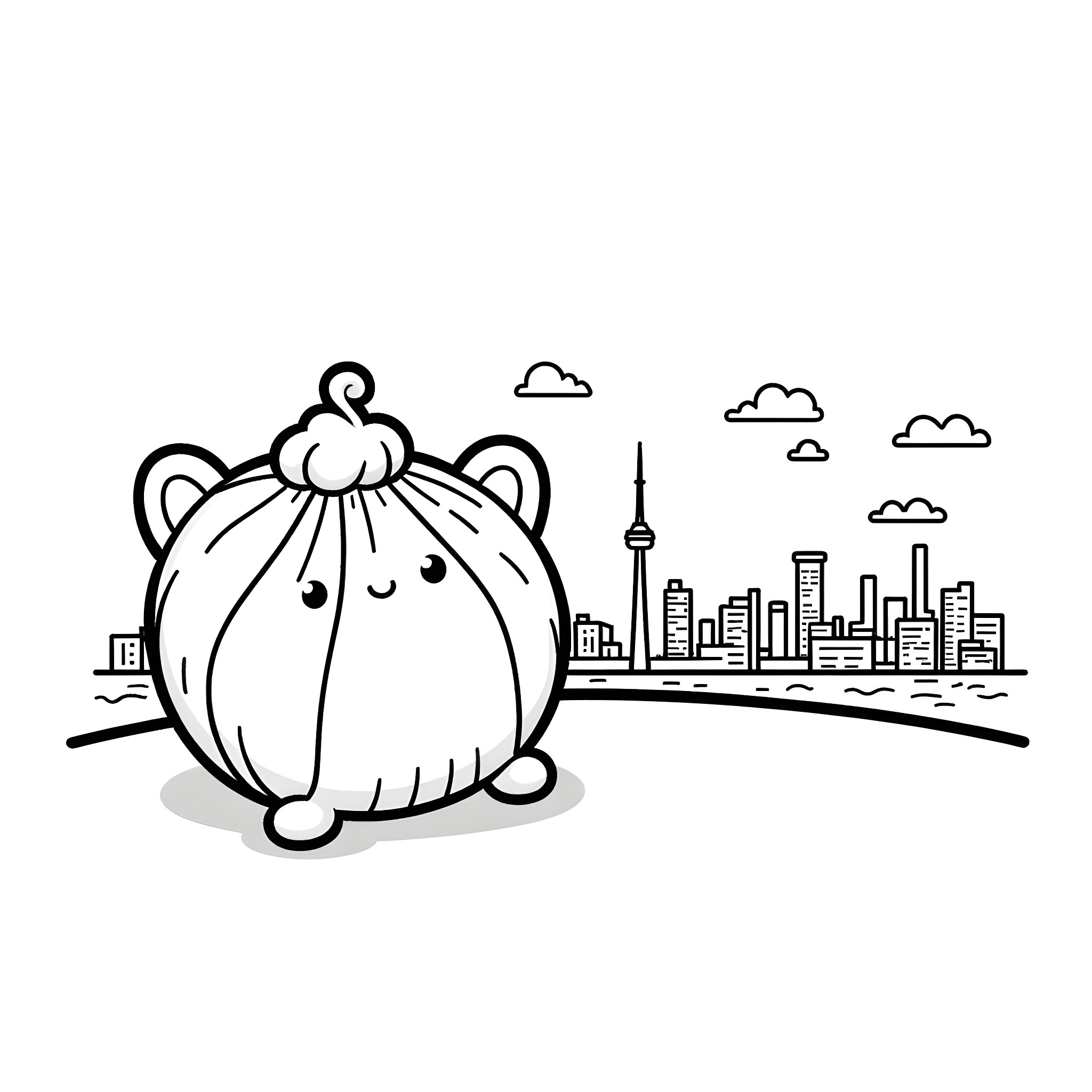 Dimsum Delight in the City Coloring Page (free black-and-white line drawing printable PDF for all, from beginners to advanced learners, including children, teens, adults, and seniors)