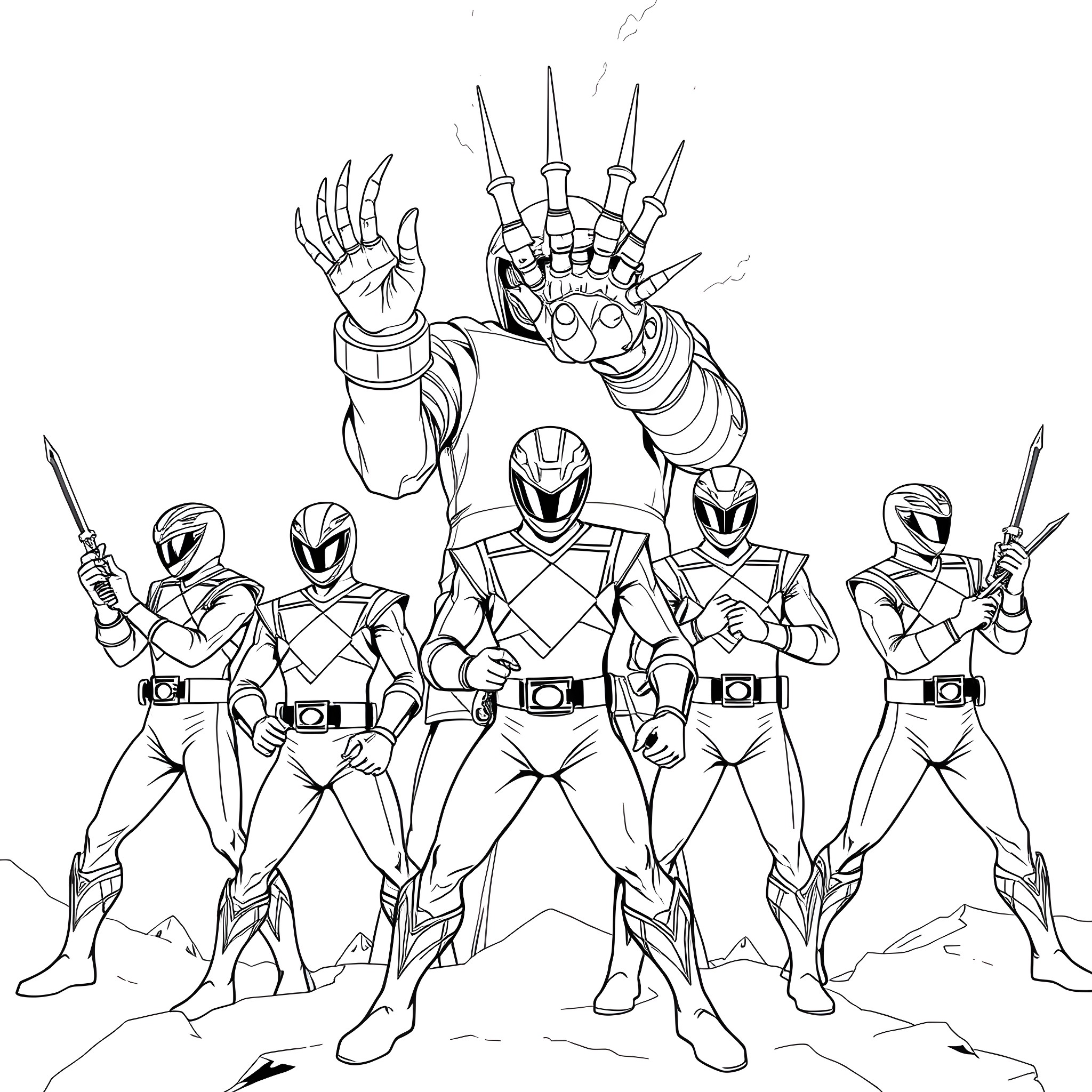 Power Rangers Battling with Weapons and Armor Coloring Page (free black-and-white line drawing printable PDF for all, from beginners to advanced learners, including children, teens, adults, and seniors)