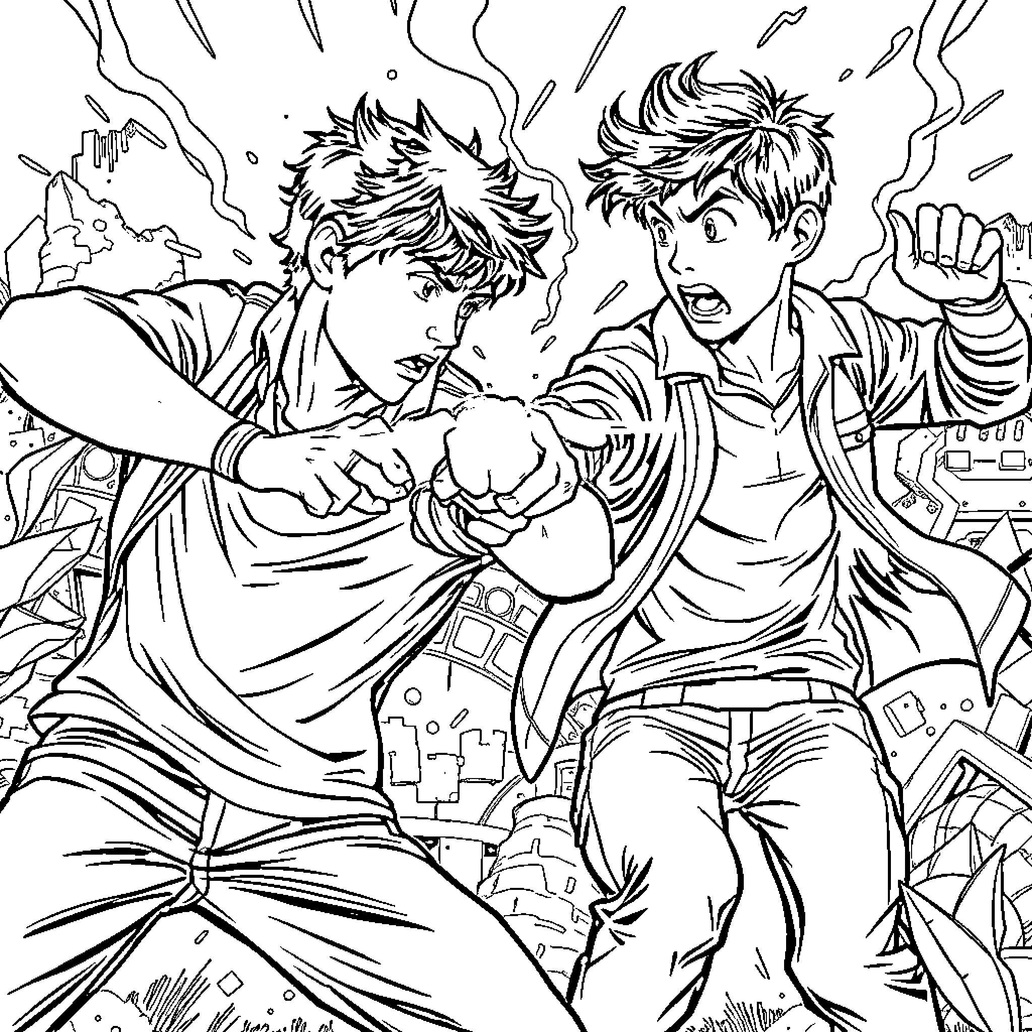 Thomas and David Clash in Intense Battle Coloring Page (free black-and-white line drawing printable PDF for all, from beginners to advanced learners, including children, teens, adults, and seniors)