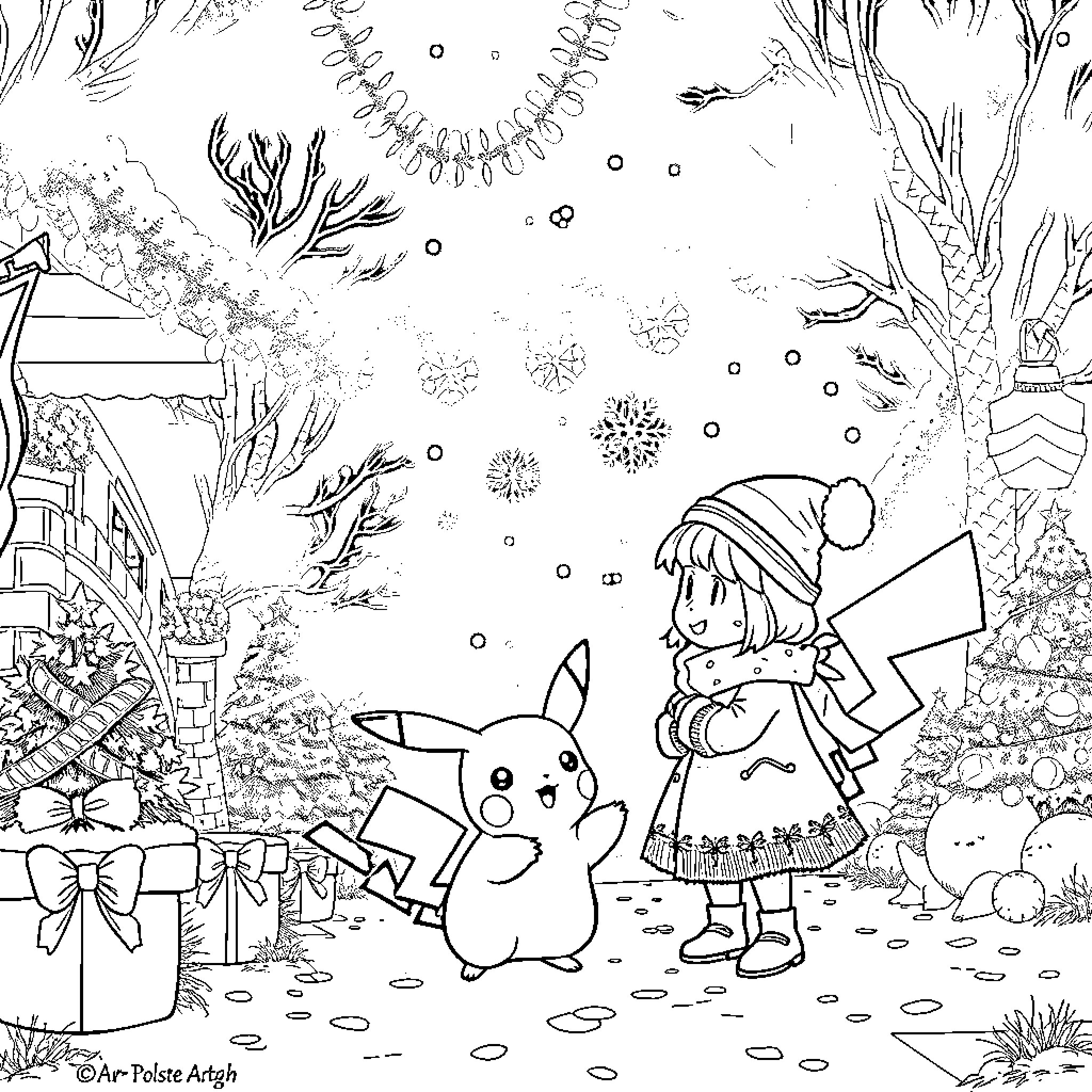 Pikachu and child exploring the winter wonderland Coloring Page (free black-and-white line drawing printable PDF for all, from beginners to advanced learners, including children, teens, adults, and seniors)