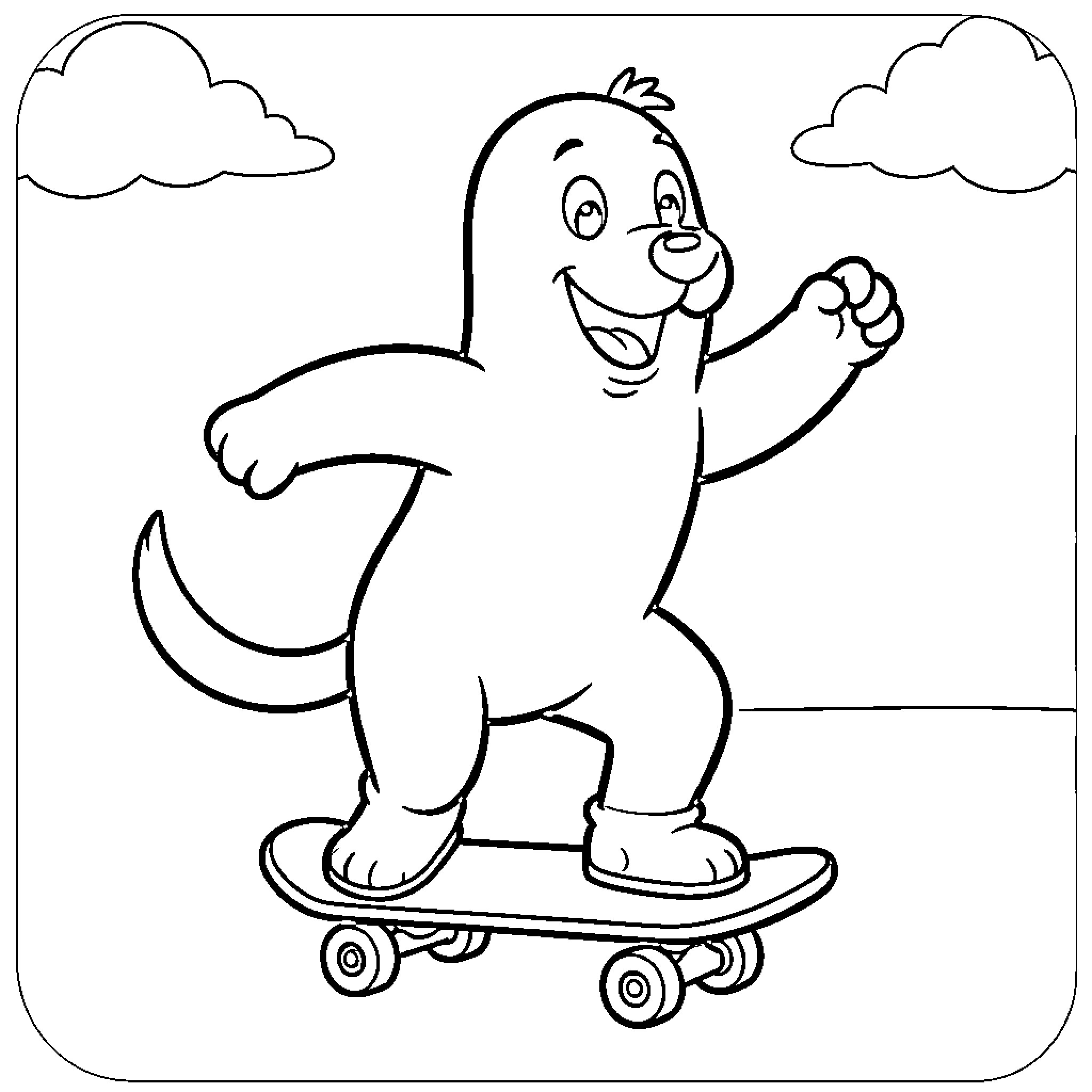 Perro Salchicha riding a skateboard happily Coloring Page (free black-and-white line drawing printable PDF for all, from beginners to advanced learners, including children, teens, adults, and seniors)