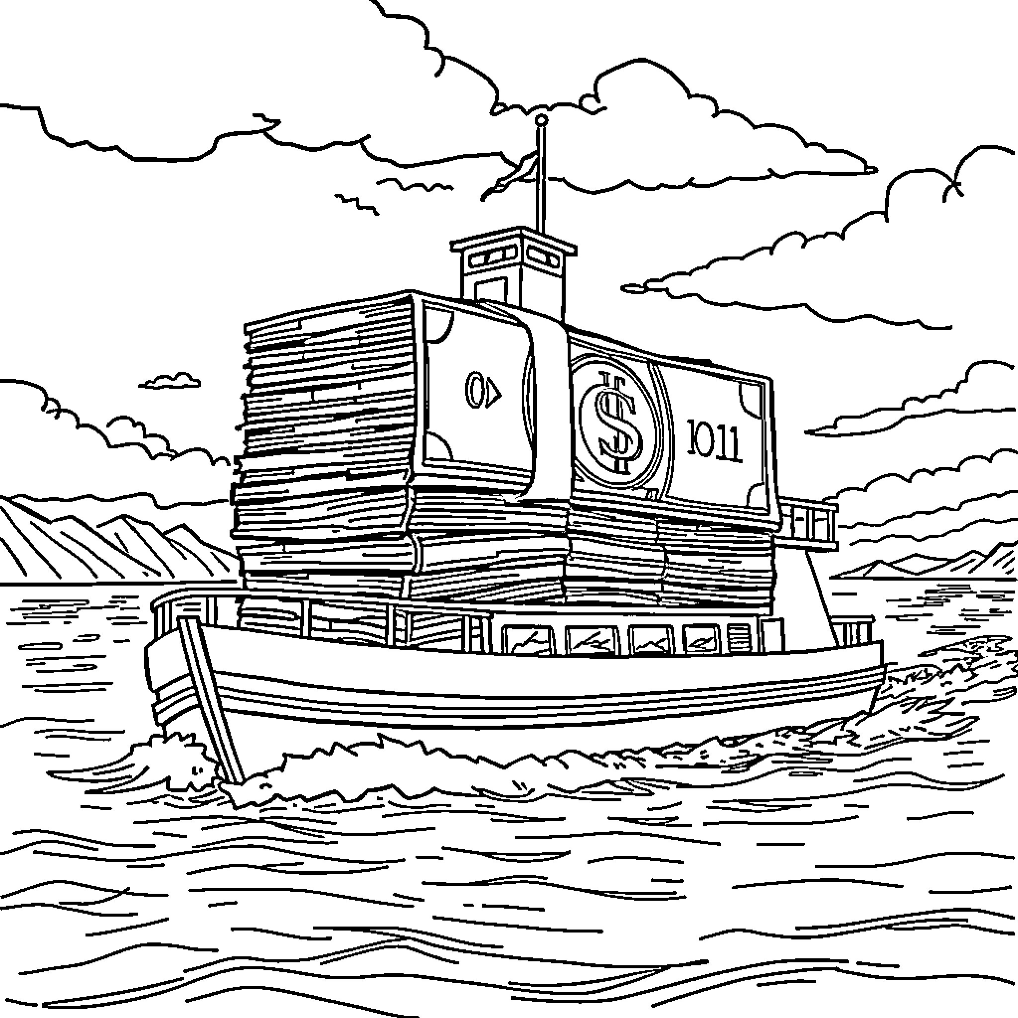 Money Ship Sailing on Stormy Seas Coloring Page (free black-and-white line drawing printable PDF for all, from beginners to advanced learners, including children, teens, adults, and seniors)