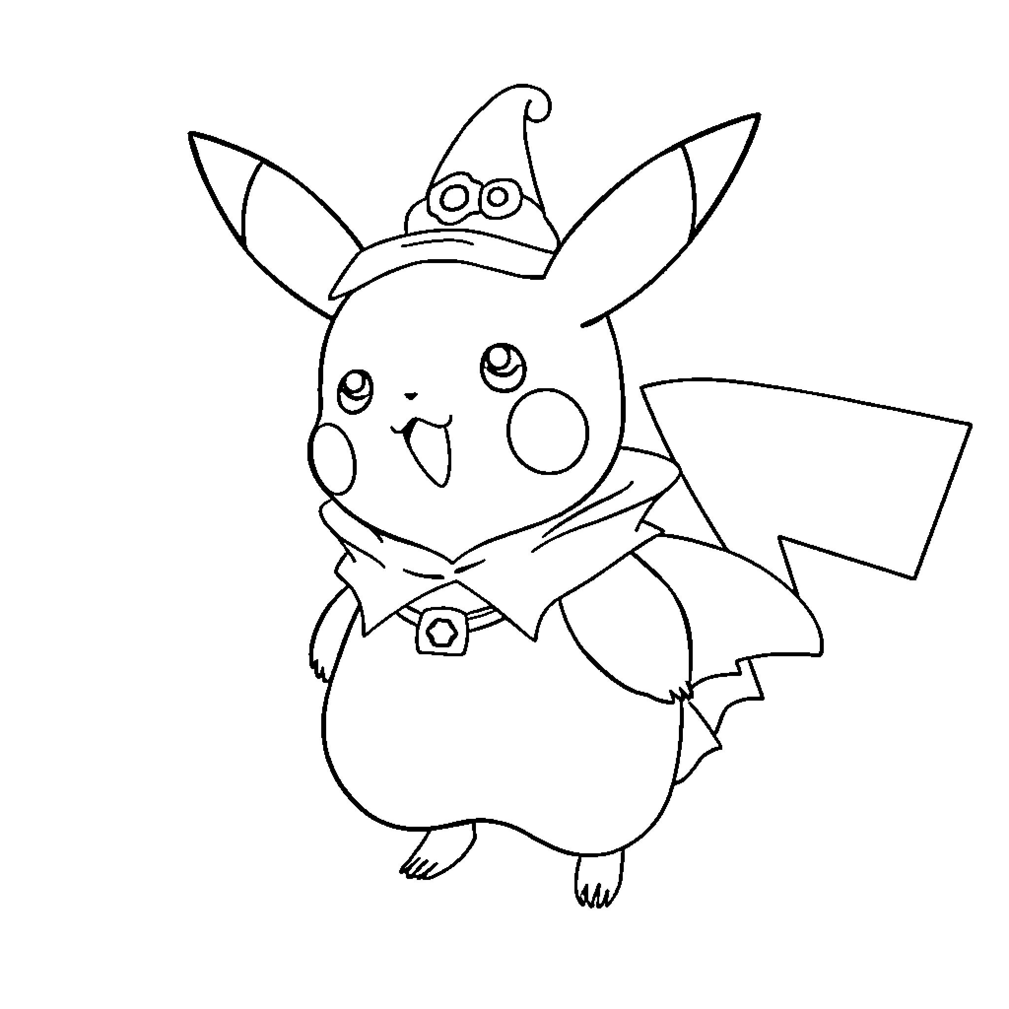 Pikachu wearing a festive hat Coloring Page (free black-and-white line drawing printable PDF for all, from beginners to advanced learners, including children, teens, adults, and seniors)