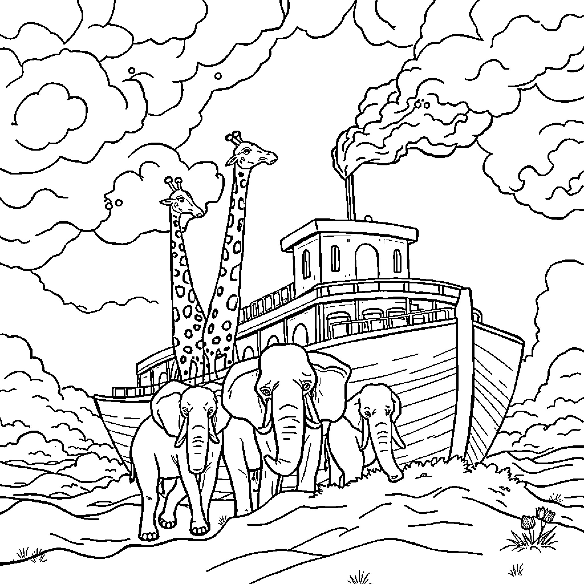 Noah's Ark with Animals in Stormy Clouds Coloring Page (free black-and-white line drawing printable PDF for all, from beginners to advanced learners, including children, teens, adults, and seniors)