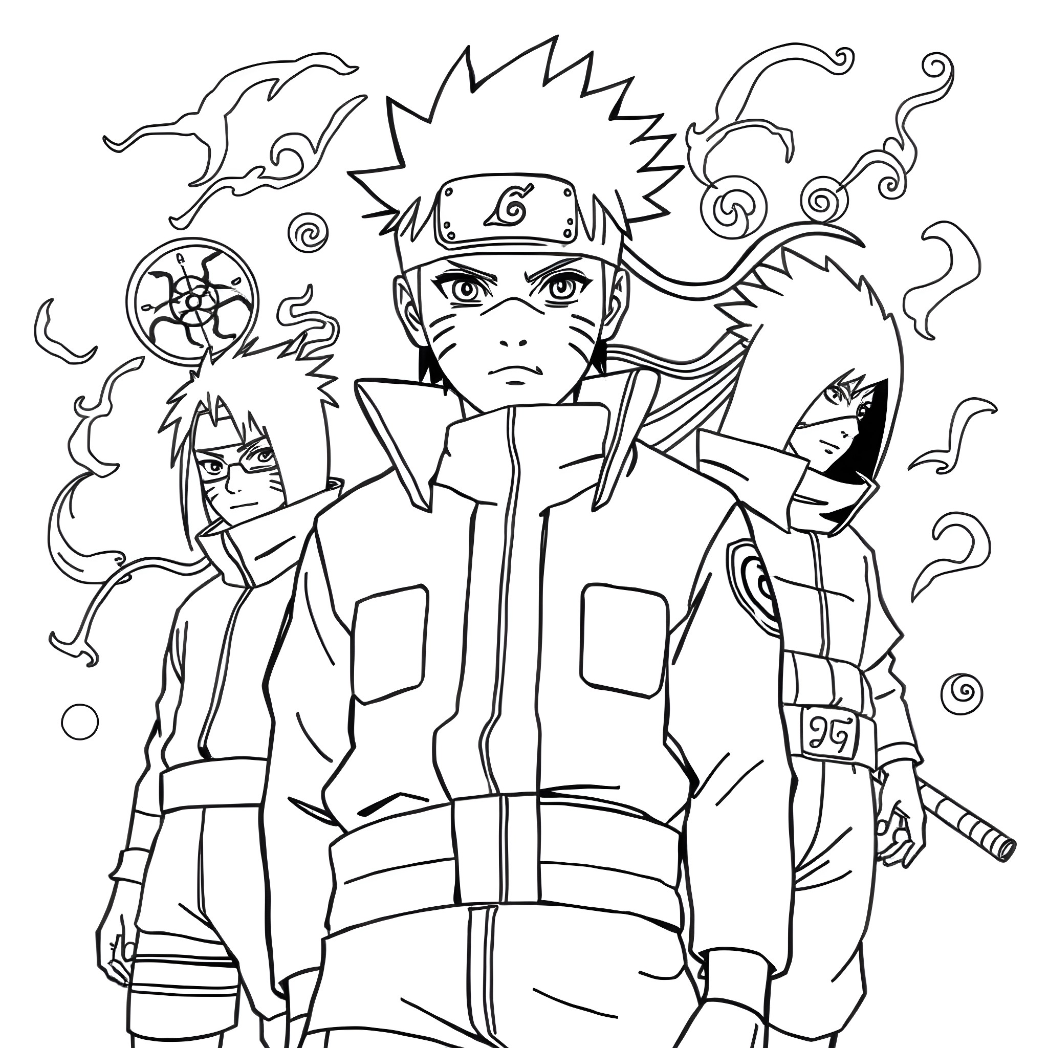 Naruto and his friends in action-packed scenes Coloring Page (free black-and-white line drawing printable PDF for all, from beginners to advanced learners, including children, teens, adults, and seniors)