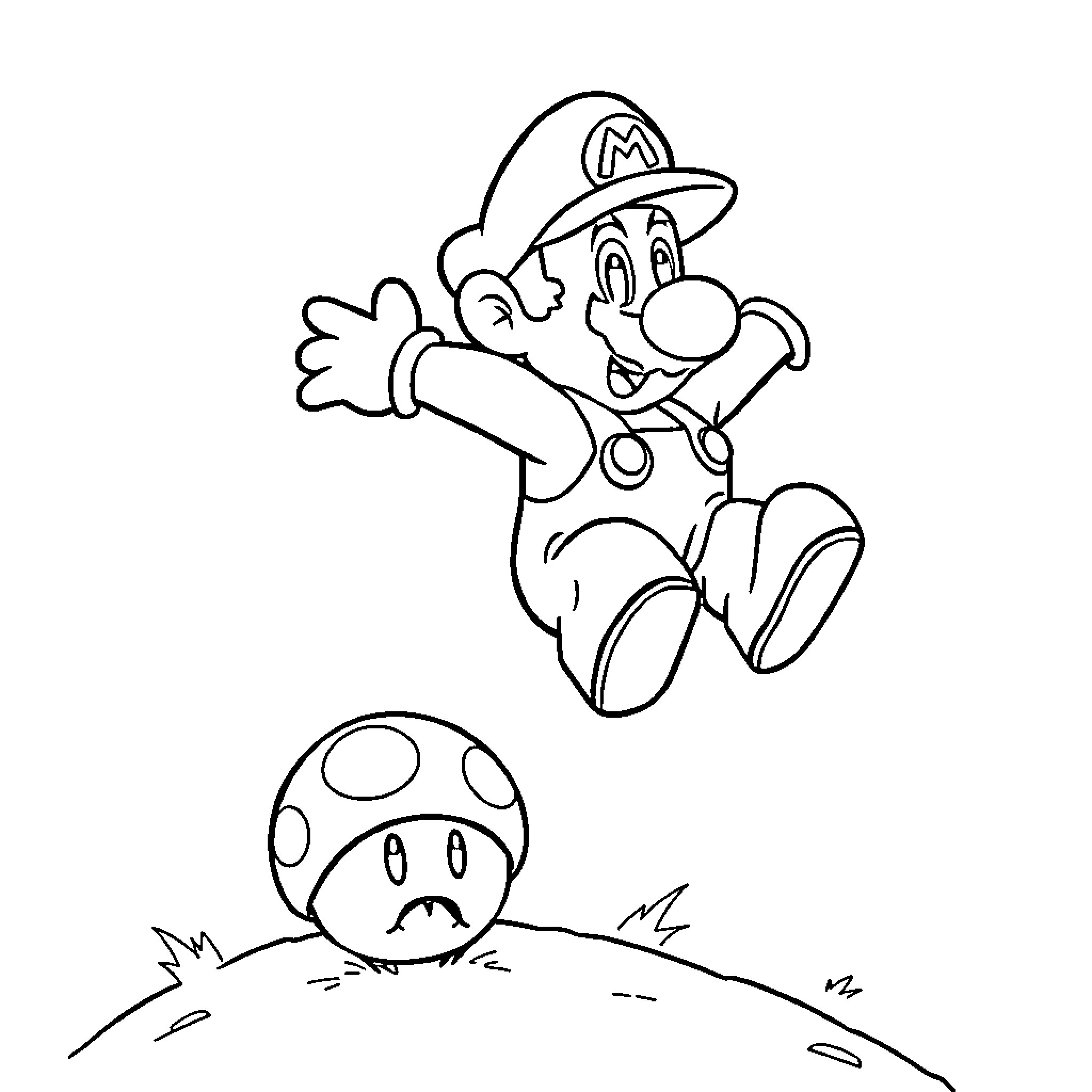 Super Mario Jumping and Exploring Mushroom Kingdom Coloring Page (free black-and-white line drawing printable PDF for all, from beginners to advanced learners, including children, teens, adults, and seniors)
