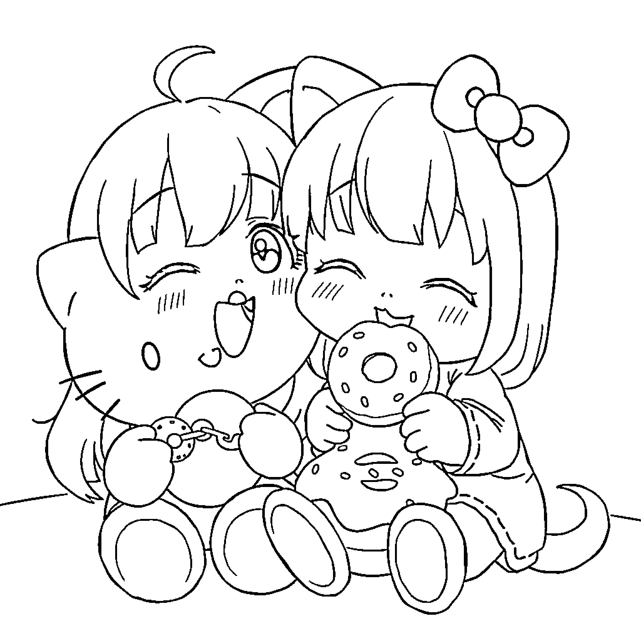 Nezuko playing with plush toys and dolls Coloring Page (free black-and-white line drawing printable PDF for all, from beginners to advanced learners, including children, teens, adults, and seniors)