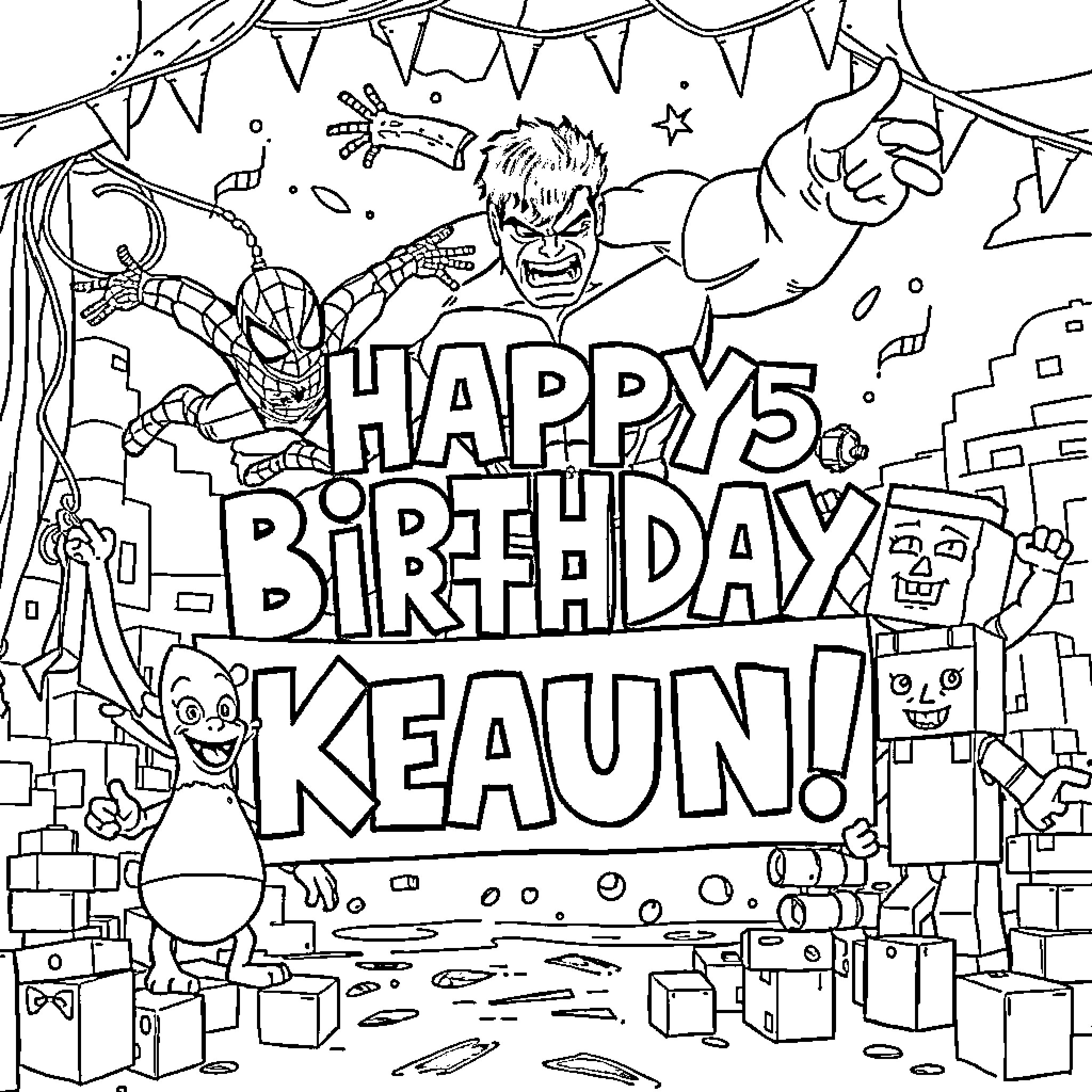 Spiderman and friends celebrate Keaun's birthday Coloring Page (free black-and-white line drawing printable PDF for all, from beginners to advanced learners, including children, teens, adults, and seniors)