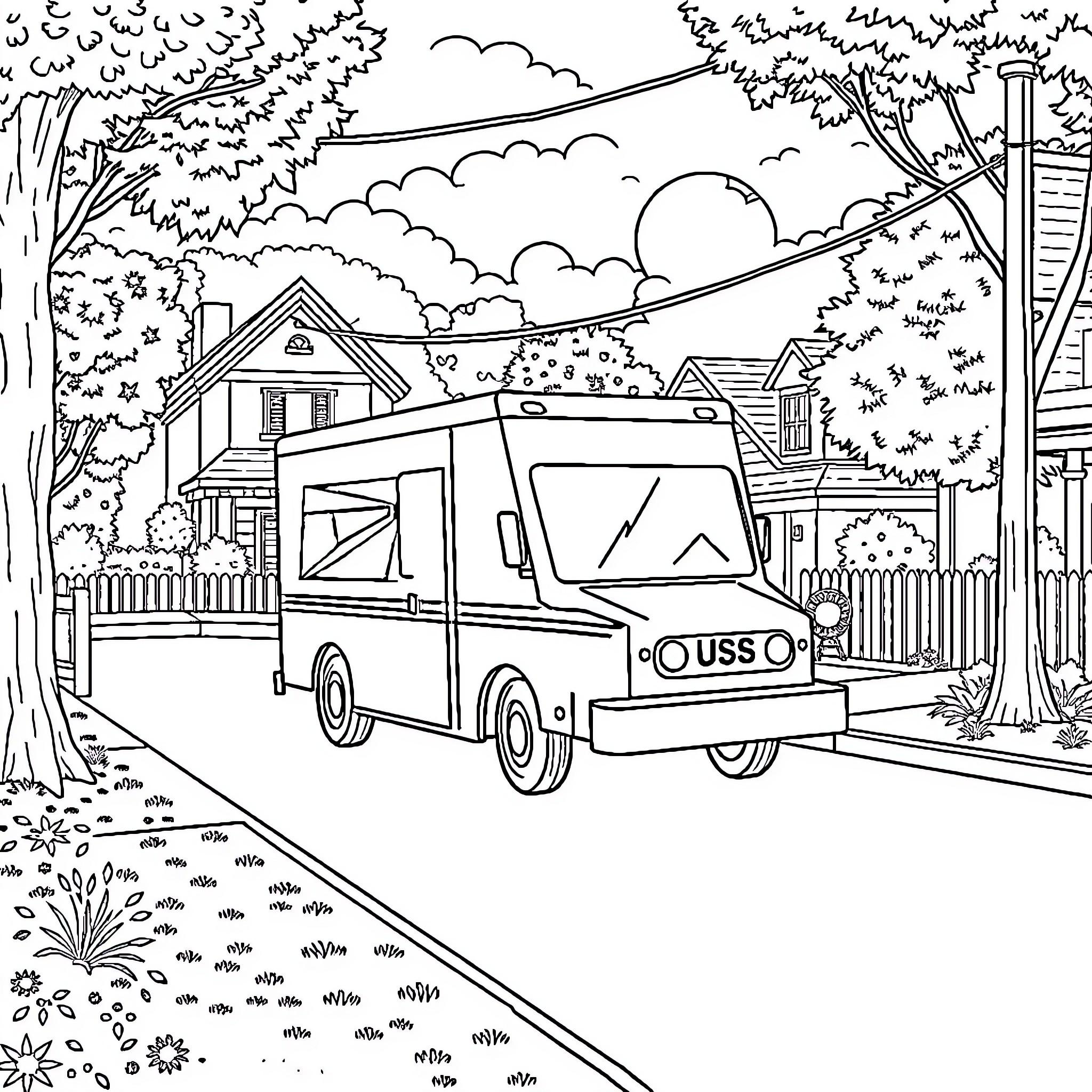 Mail Truck Delivering Packages in Suburban Neighborhood Coloring Page (free black-and-white line drawing printable PDF for all, from beginners to advanced learners, including children, teens, adults, and seniors)