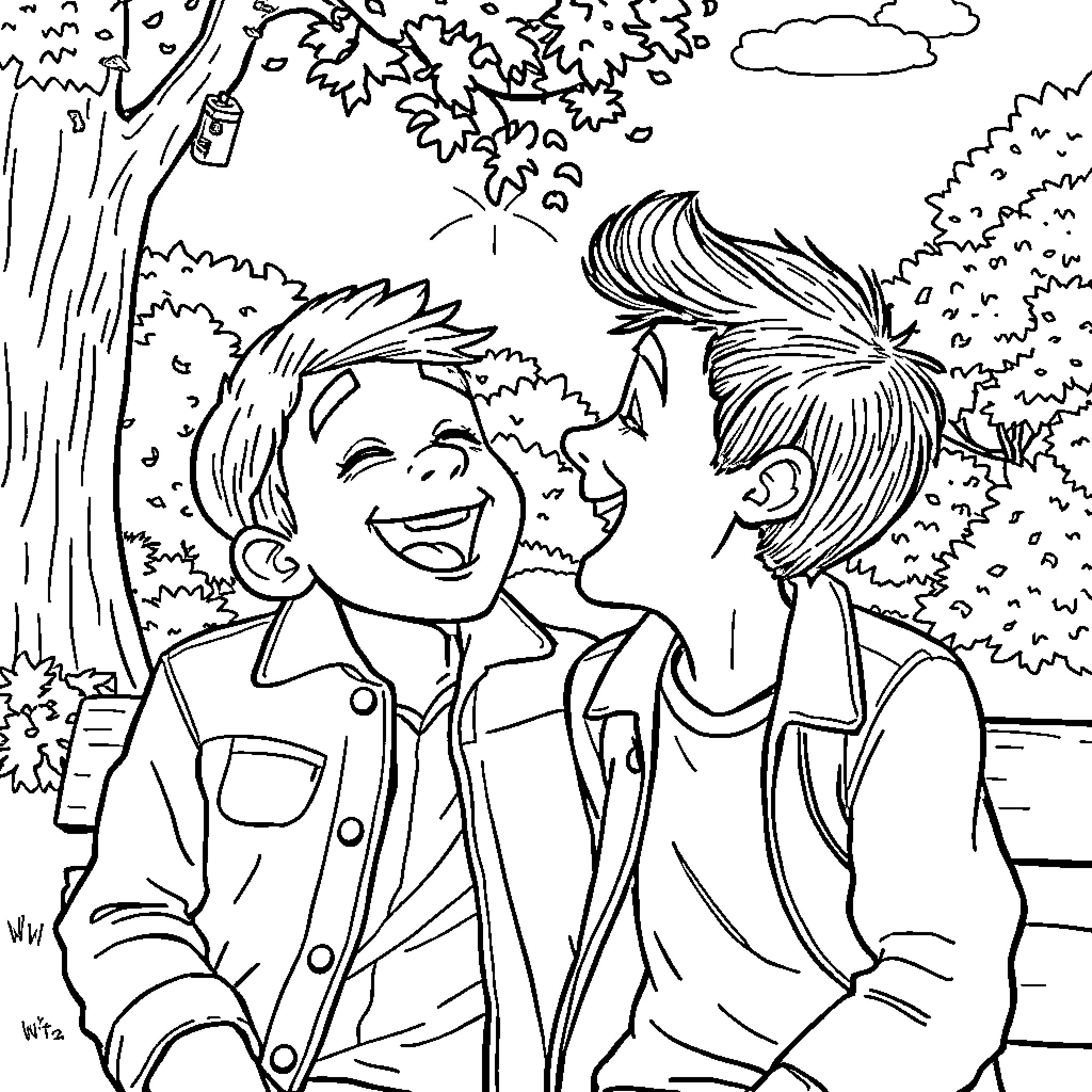 Giulio and Friend Sharing Laughter in the Park Coloring Page (free black-and-white line drawing printable PDF for all, from beginners to advanced learners, including children, teens, adults, and seniors)