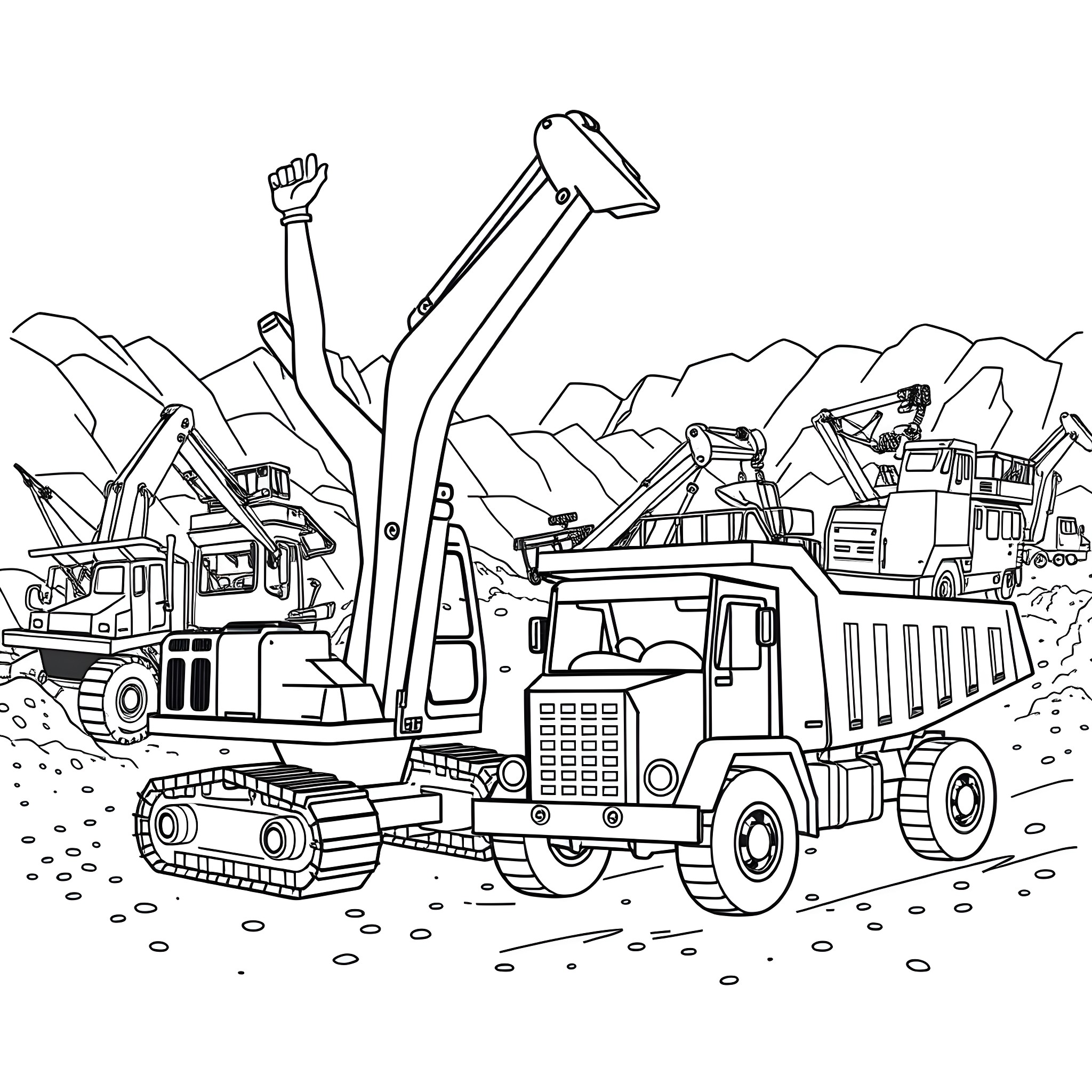 Excavators and Trucks Working on Construction Site Coloring Page (free black-and-white line drawing printable PDF for all, from beginners to advanced learners, including children, teens, adults, and seniors)
