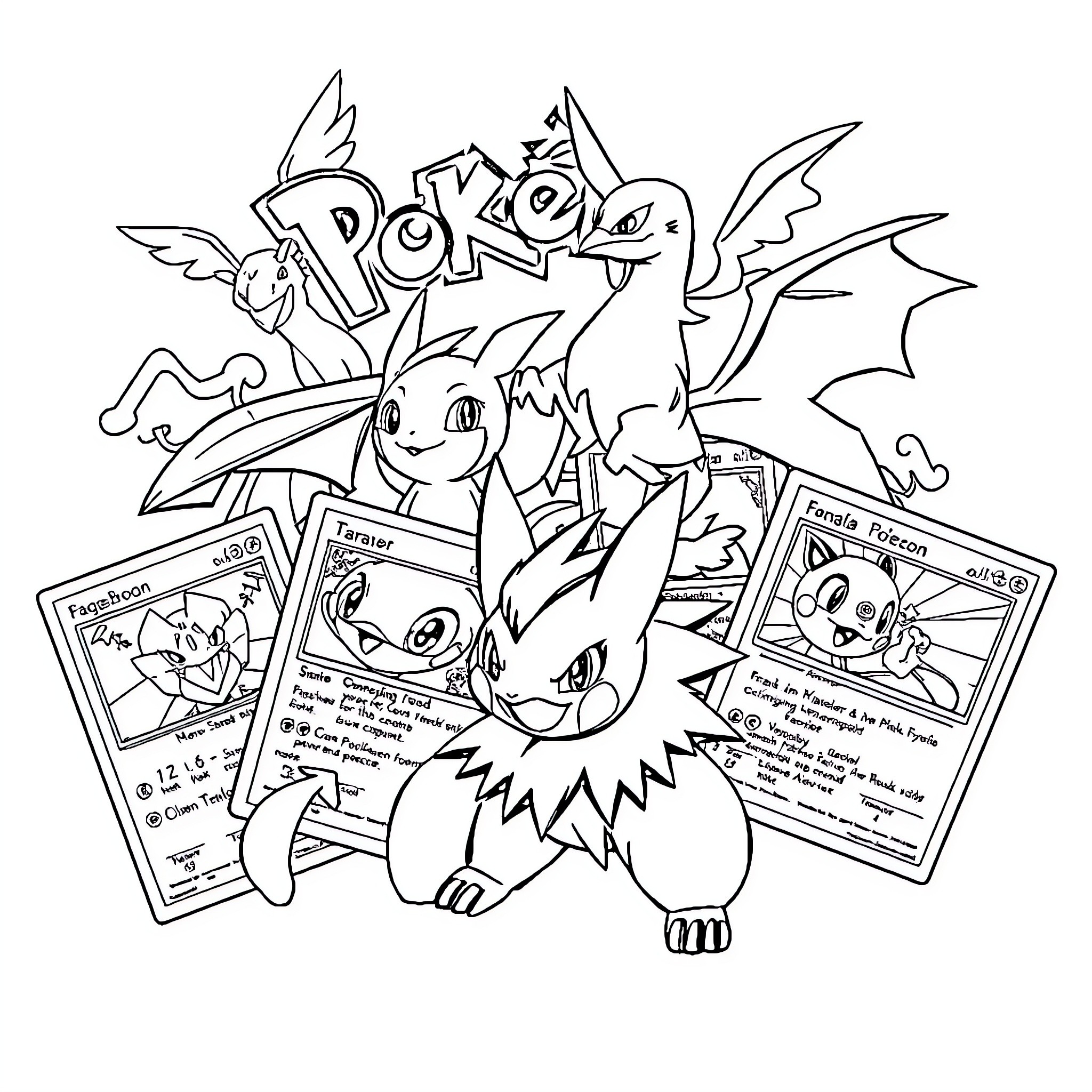 Pokémon characters in action with trading cards Coloring Page (free black-and-white line drawing printable PDF for all, from beginners to advanced learners, including children, teens, adults, and seniors)