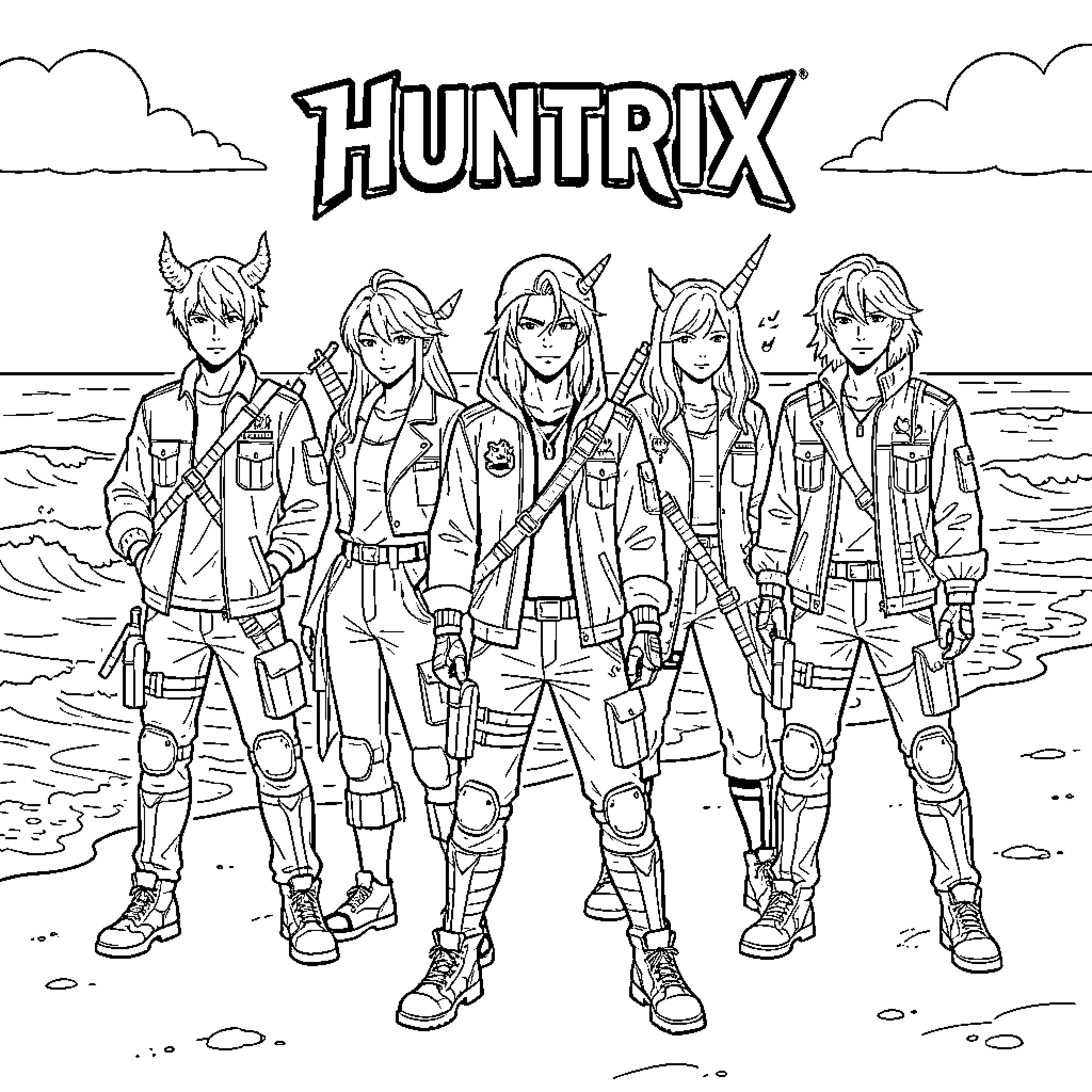 Huntrix group of adventurers posing on a beach Coloring Page (free black-and-white line drawing printable PDF for all, from beginners to advanced learners, including children, teens, adults, and seniors)