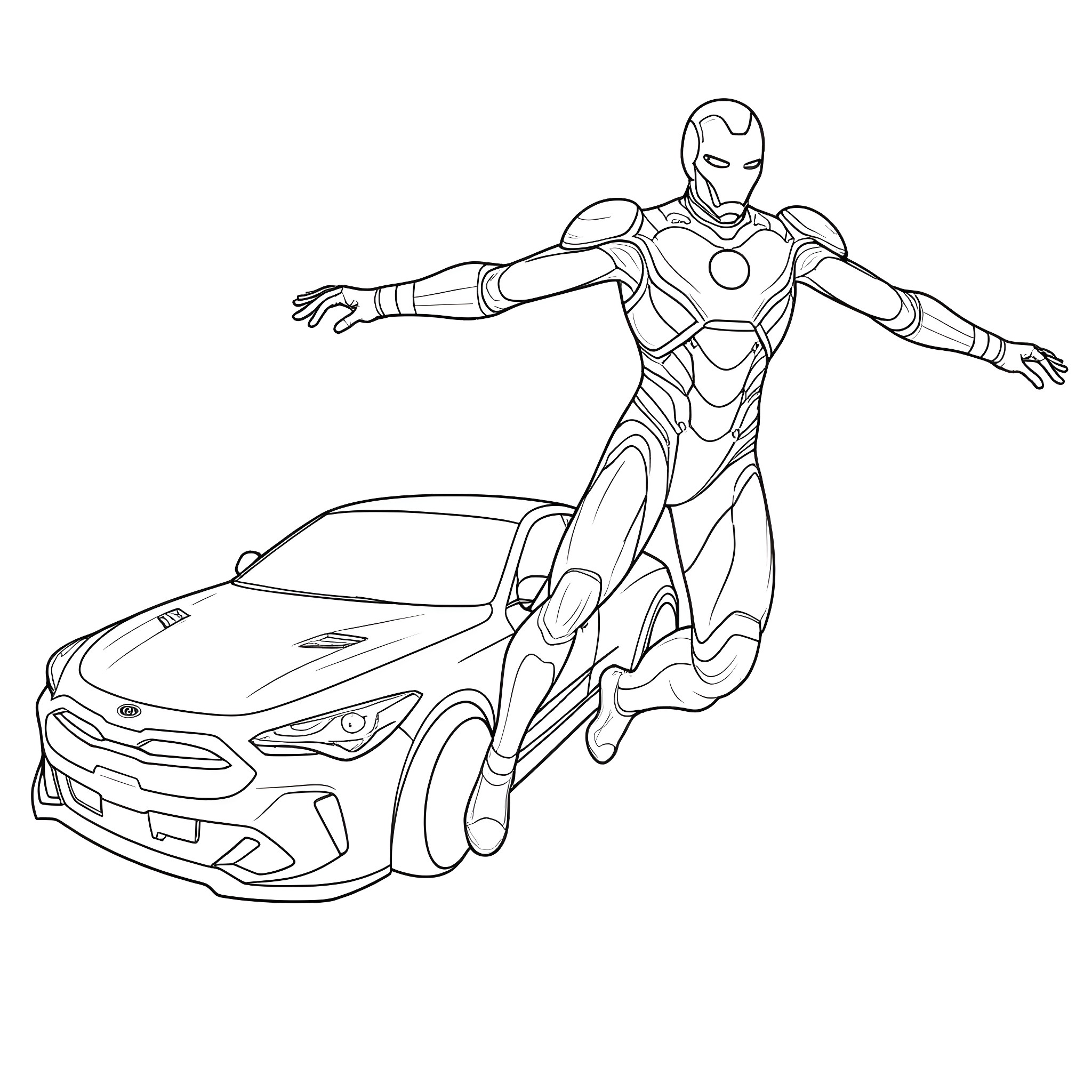 Ironman flying over futuristic sports car Coloring Page (free black-and-white line drawing printable PDF for all, from beginners to advanced learners, including children, teens, adults, and seniors)