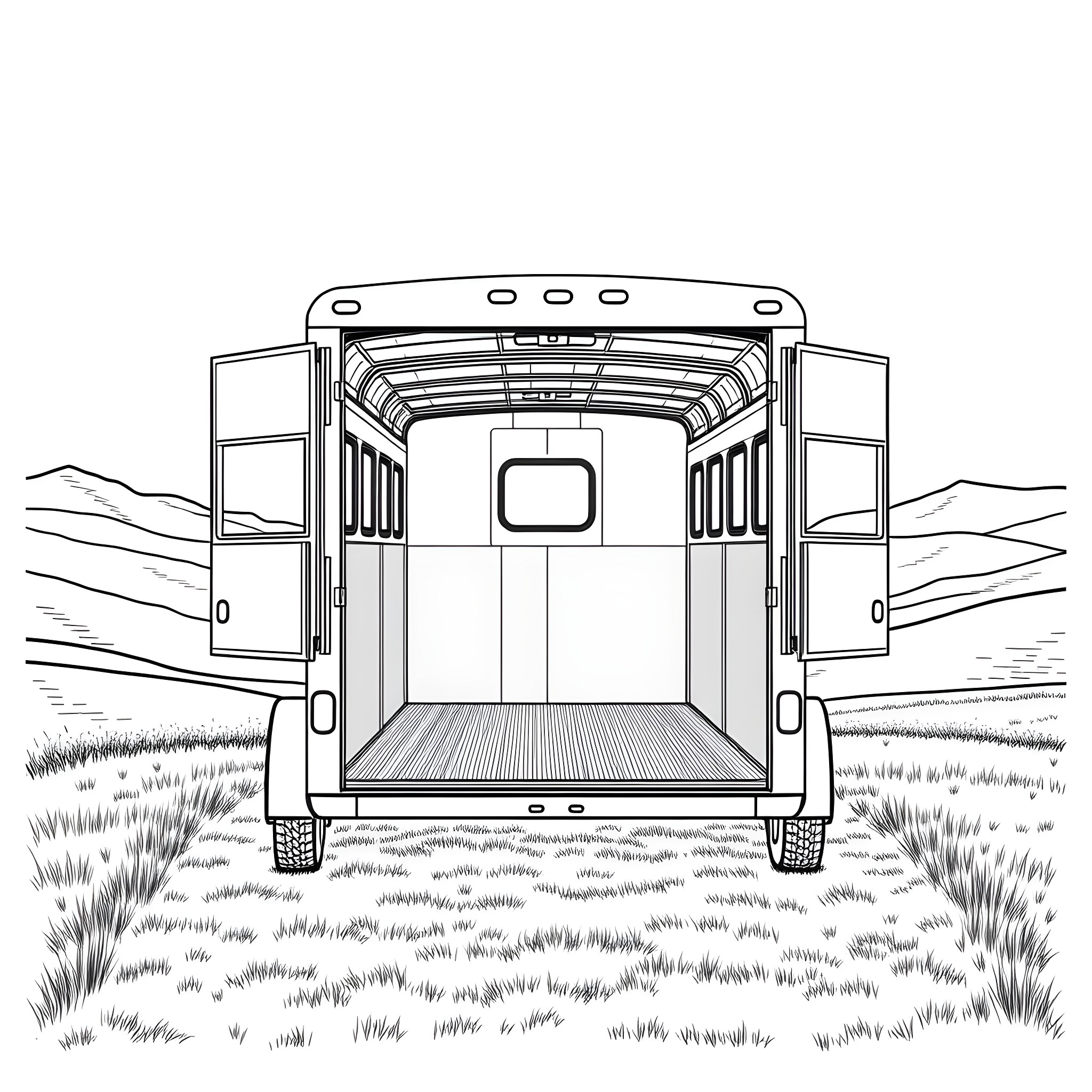 Gooseneck Trailer transporting goods across countryside Coloring Page (free black-and-white line drawing printable PDF for all, from beginners to advanced learners, including children, teens, adults, and seniors)
