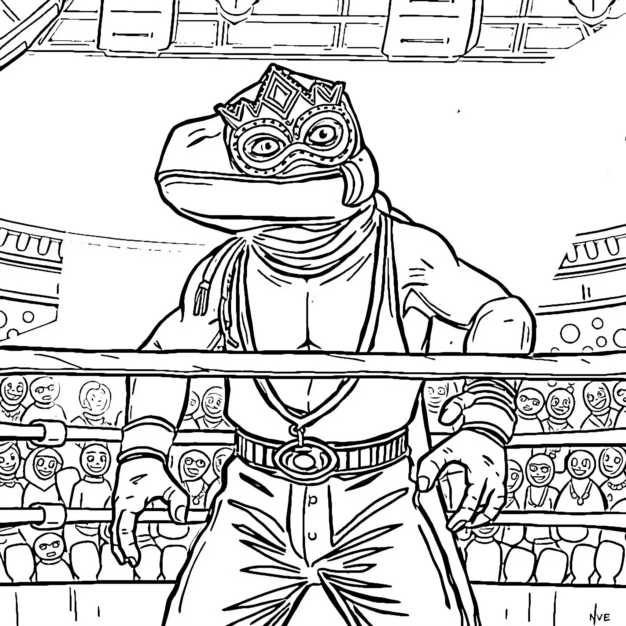 Luchador wrestler performing heroic moves in the ring Coloring Page (free black-and-white line drawing printable PDF for all, from beginners to advanced learners, including children, teens, adults, and seniors)