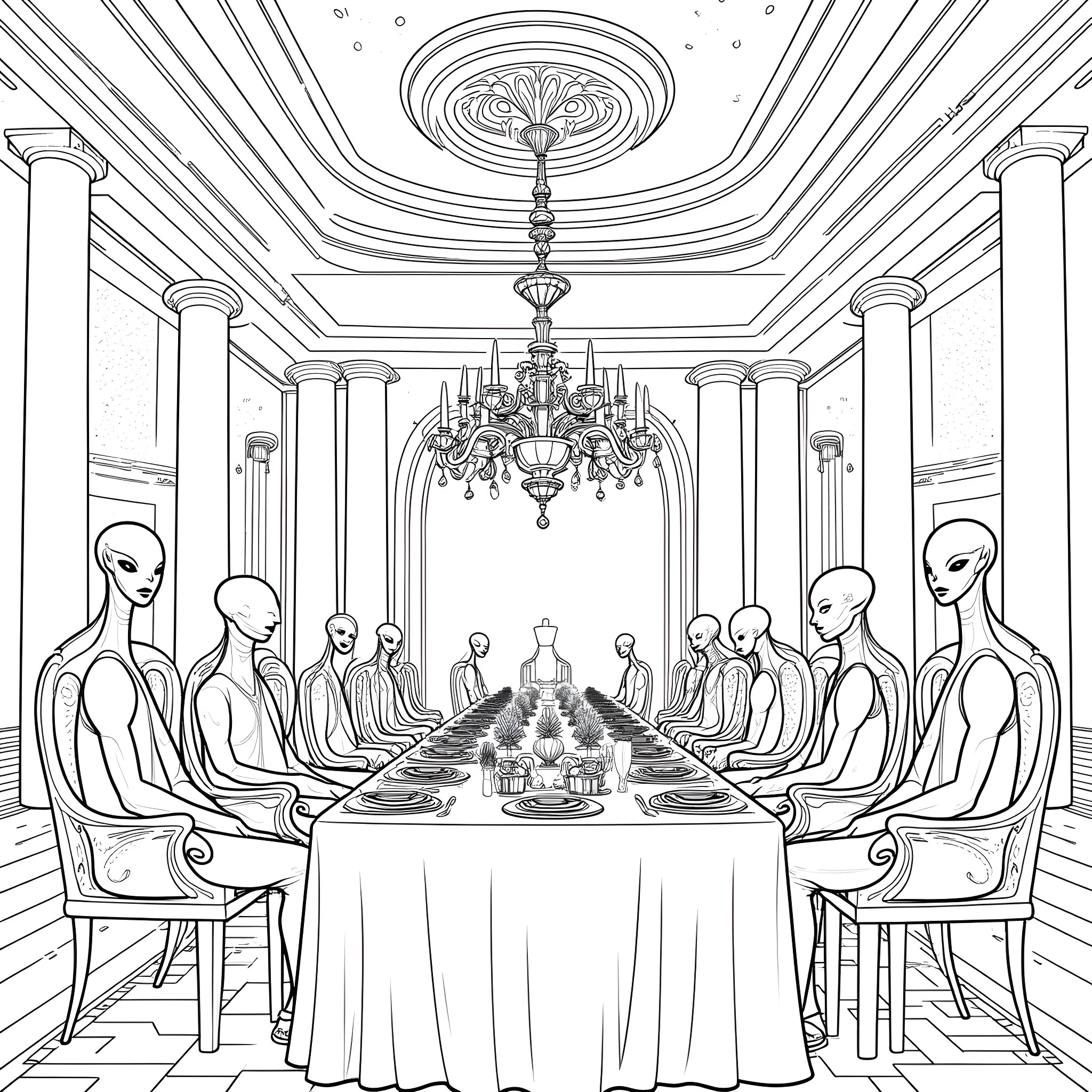 Court Meeting with Alien Figures in Ornate Hall Coloring Page (free black-and-white line drawing printable PDF for all, from beginners to advanced learners, including children, teens, adults, and seniors)