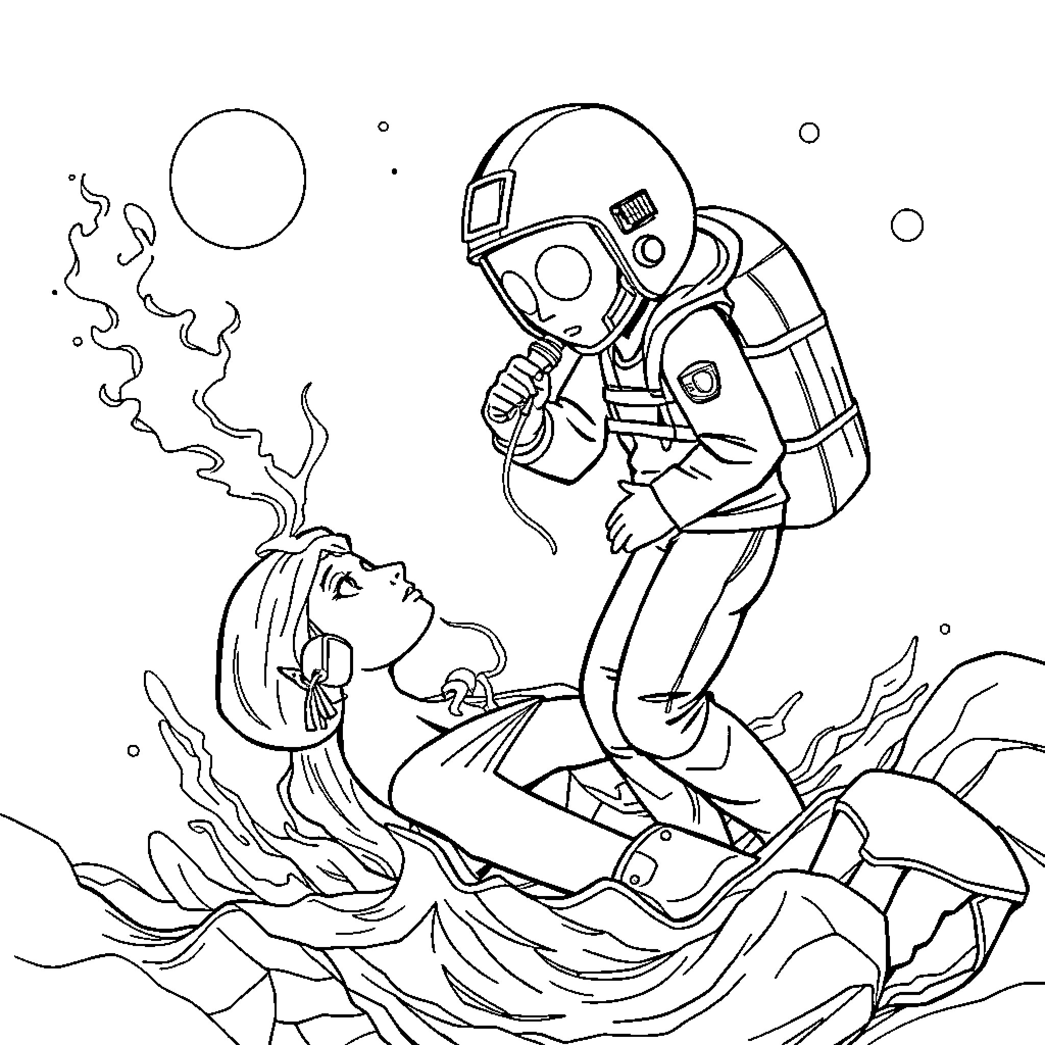Défibrillateur being used by an astronaut on a survivor Coloring Page (free black-and-white line drawing printable PDF for all, from beginners to advanced learners, including children, teens, adults, and seniors)
