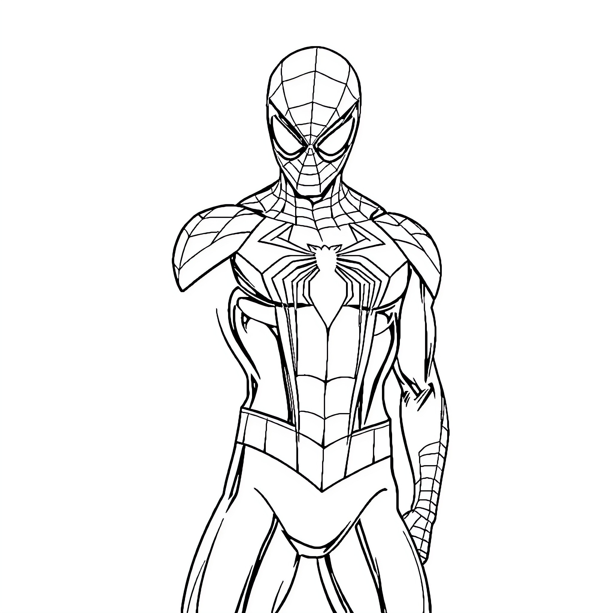 Spider-Man leaping into heroic action Coloring Page (free black-and-white line drawing printable PDF for all, from beginners to advanced learners, including children, teens, adults, and seniors)