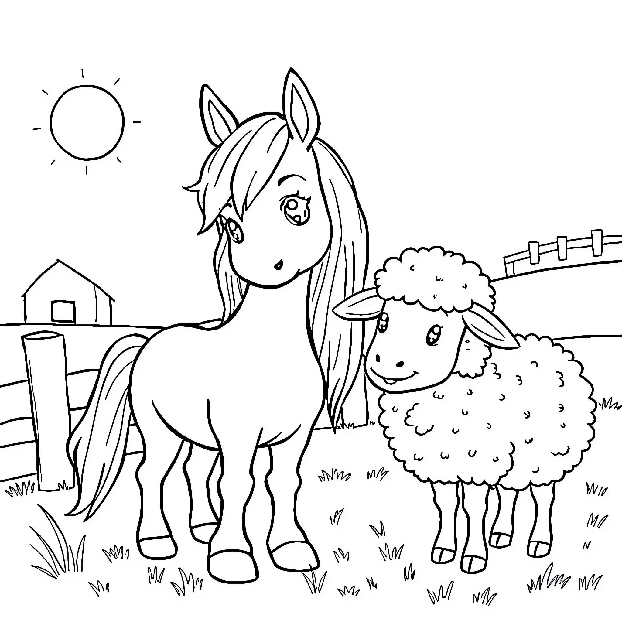 Horse and Sheep Enjoying a Pastoral Scene Coloring Page (free black-and-white line drawing printable PDF for all, from beginners to advanced learners, including children, teens, adults, and seniors)