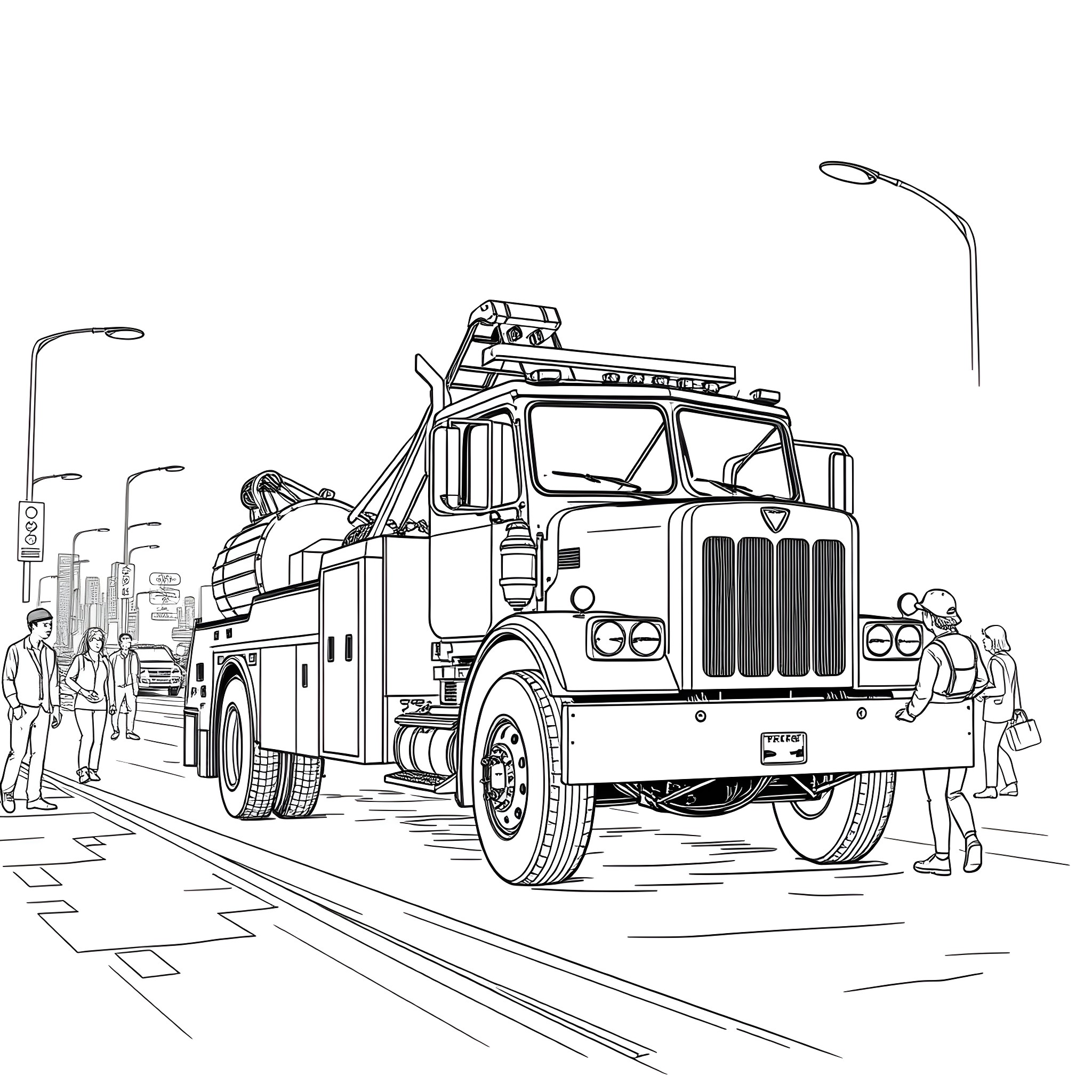 Tow Pickup Truck Assisting Stranded Drivers on the Street Coloring Page (free black-and-white line drawing printable PDF for all, from beginners to advanced learners, including children, teens, adults, and seniors)