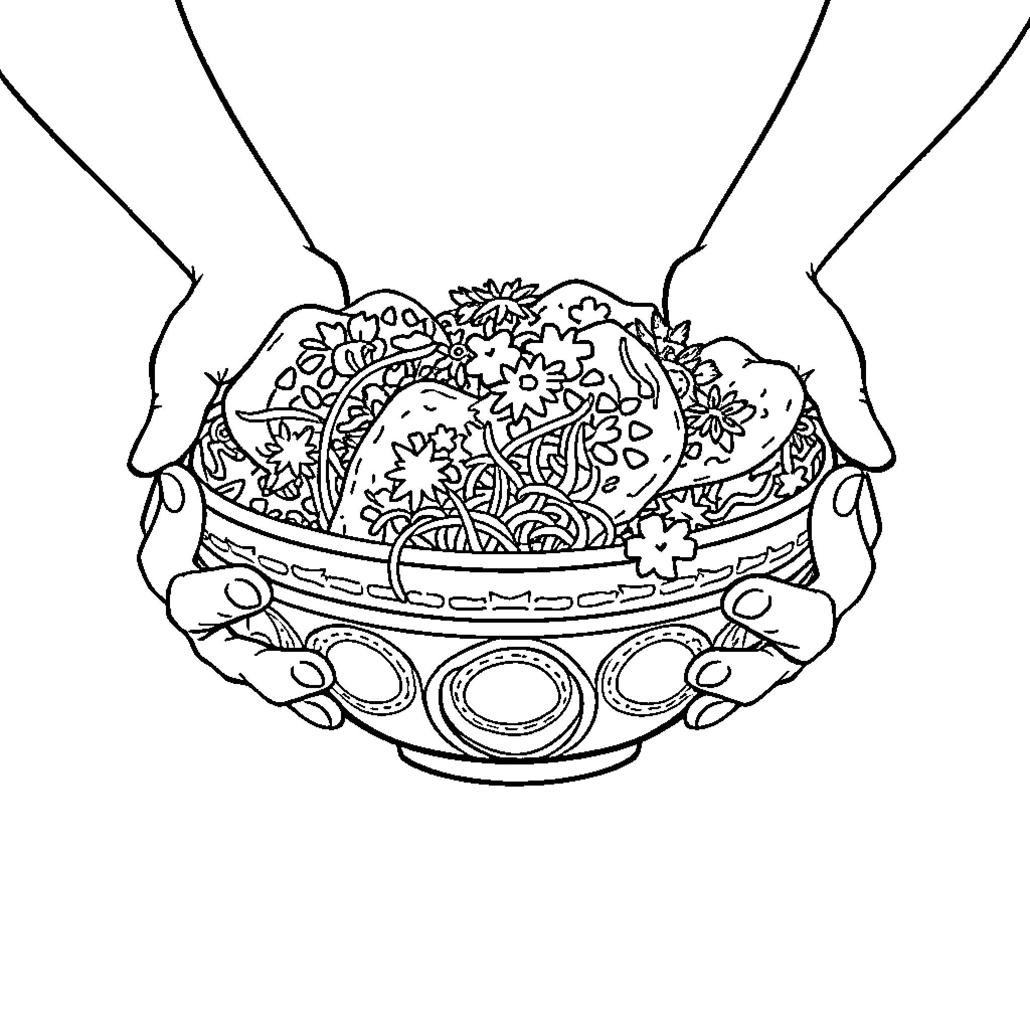 Taco held in hands with intricate patterns Coloring Page (free black-and-white line drawing printable PDF for all, from beginners to advanced learners, including children, teens, adults, and seniors)