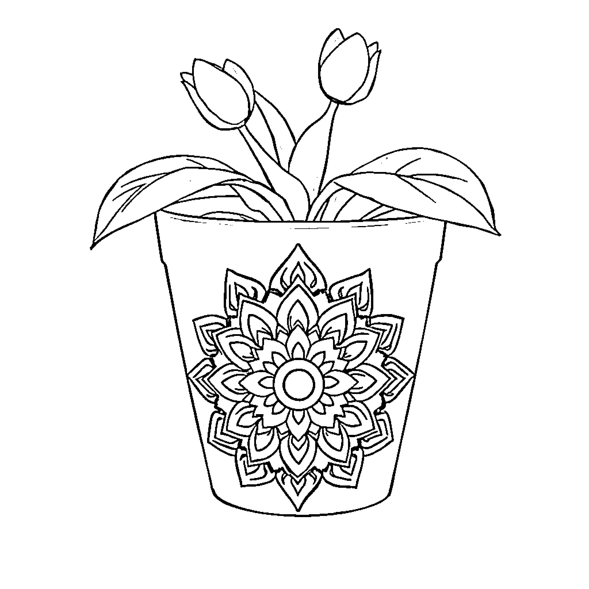 Mandala Flowerpot with Blooming Tulips Coloring Page (free black-and-white line drawing printable PDF for all, from beginners to advanced learners, including children, teens, adults, and seniors)
